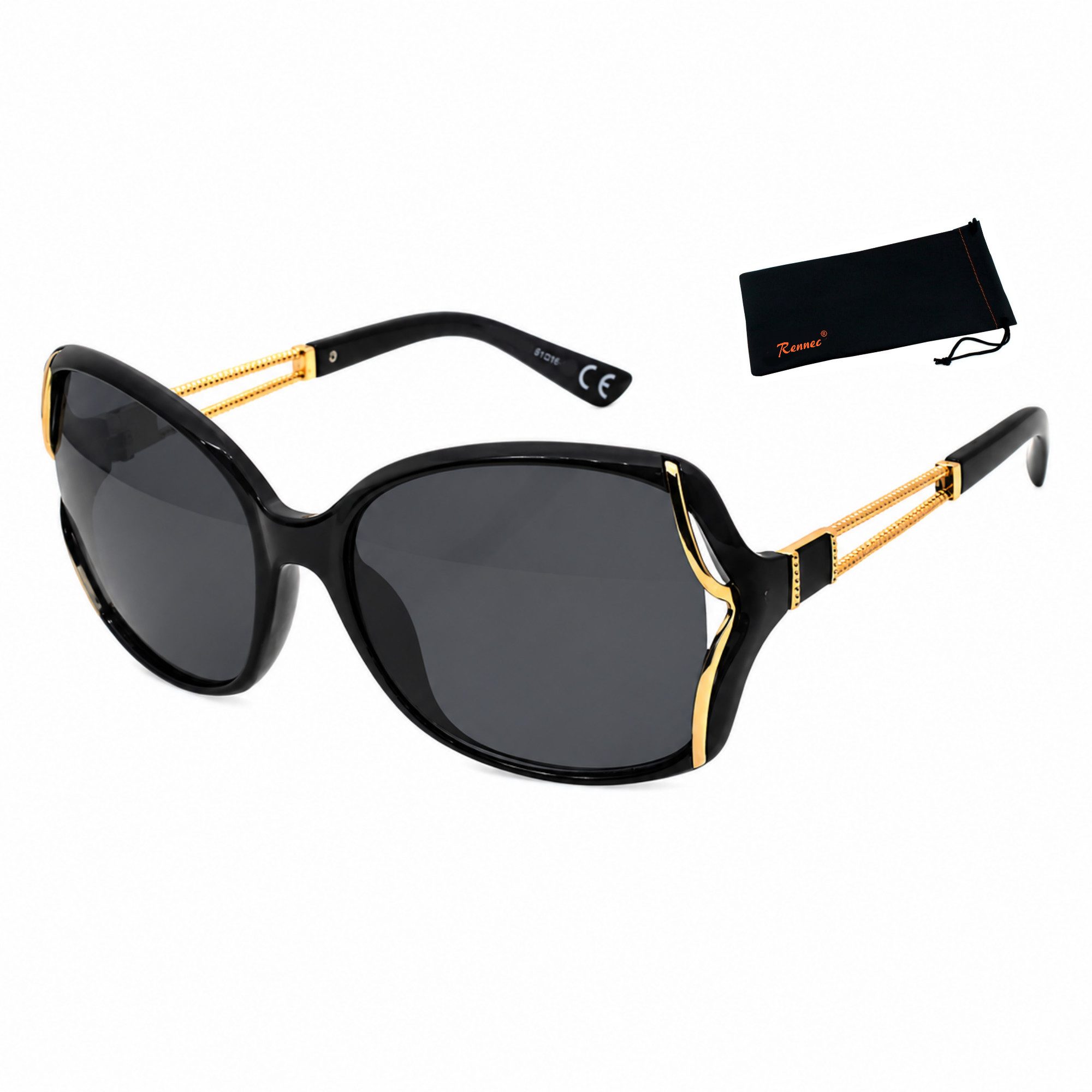 Rennec Sonnenbrille elegante Damen Brille Modern Oval mit Brillenbeutel Schmetterling Gläser Oversized, Markenbrille mit Gold Applikationen