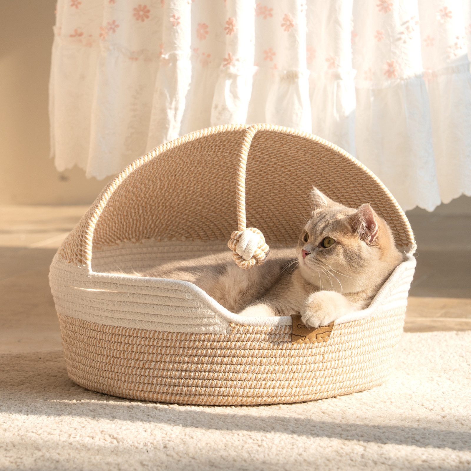 CheerPals Tierbett Geflochtene 2-in-1 Katzenhöhle & Katzenbett mit waschbarem Kissen, Vliesstoff/Polyester