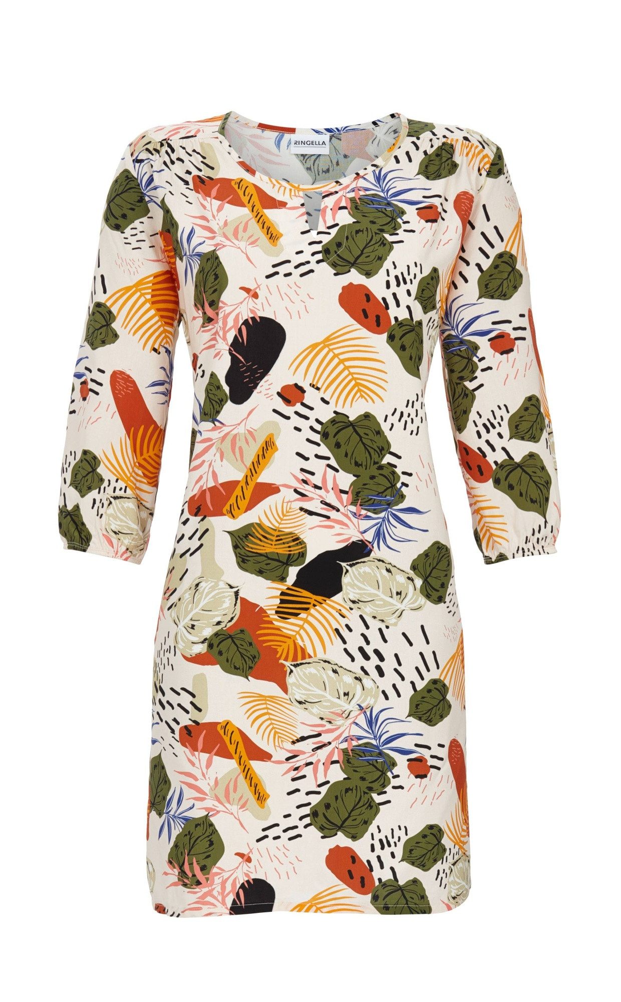 Ringella Tunikakleid im Blätterdessin mit Cut-Out und 3/4 Arm aus gewebter Viskose