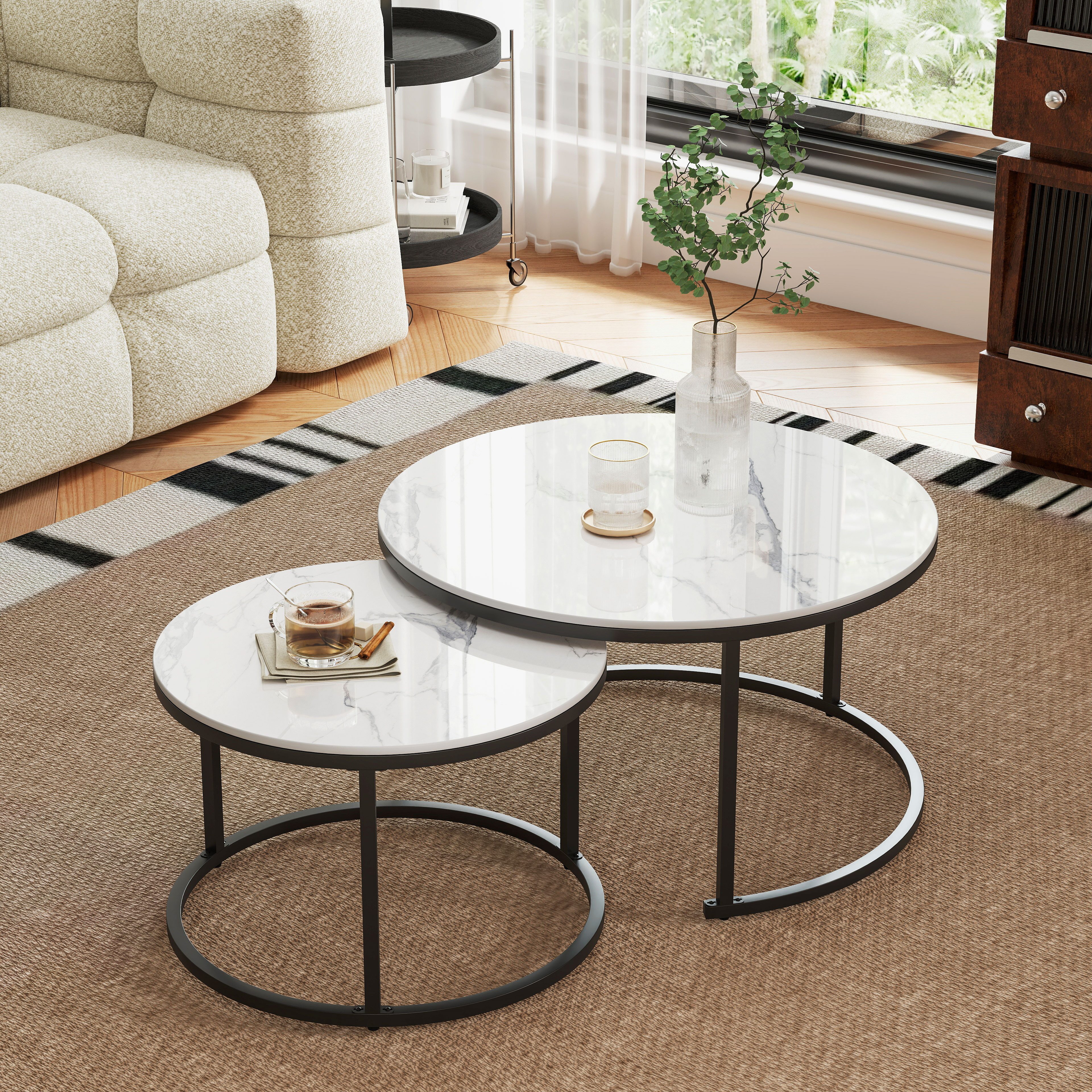 ZL ZELing Couchtisch runder Nesting Sofatisch & Beistelltisch im 2er-Set (2-St), aus gesintertem Stein mit Metallrahmen, Größen Ø 60 cm & Ø 40 cm