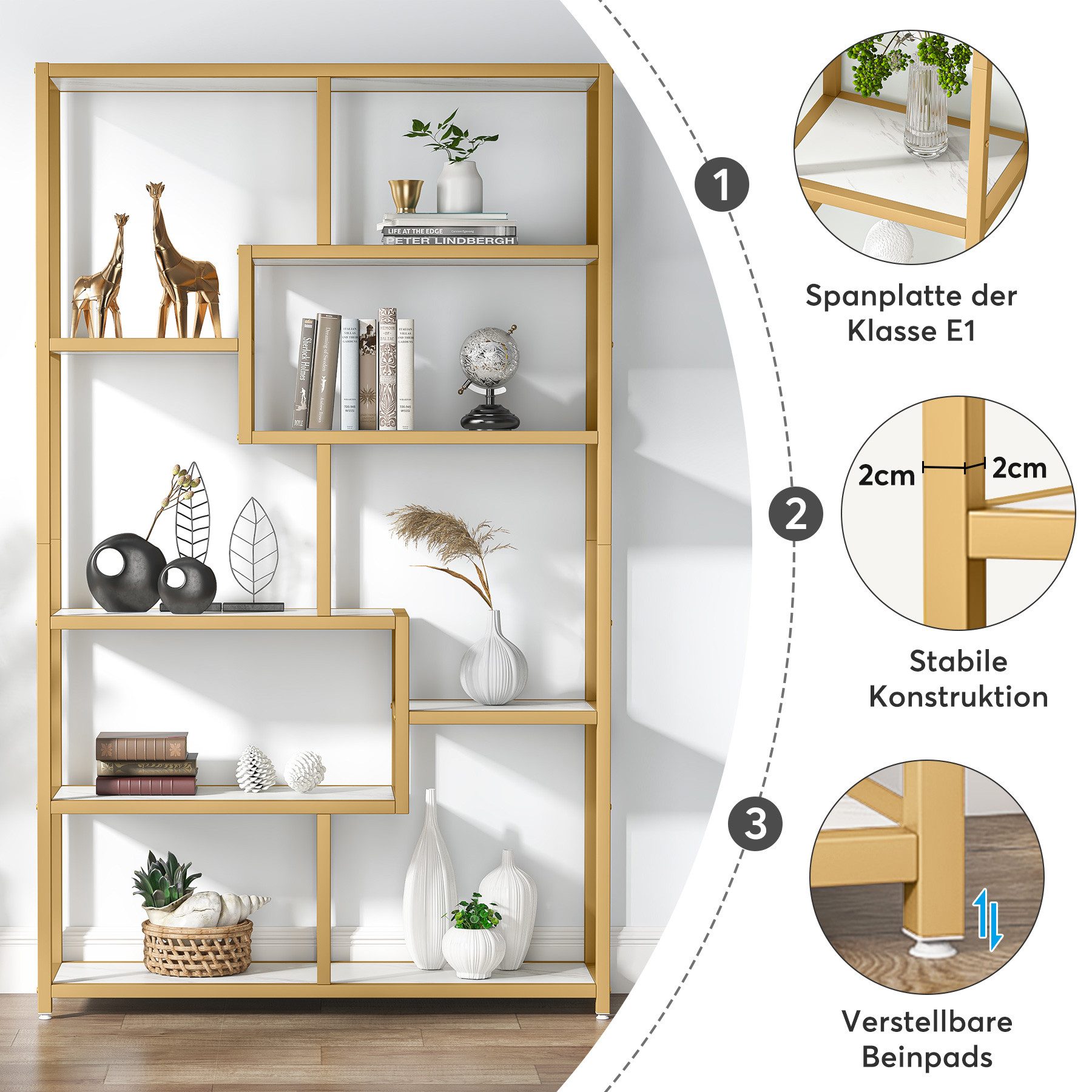 Tribesigns Vitrine 180 cm hohes Bücherregal, modernes Golden weißes Eck-Bücherregal – Bild 5 von 5
