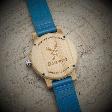 Holzwerk Quarzuhr LIL RAINBOW BLUE bunte Kinder Leder & Holz Armband Uhr, türkis blau