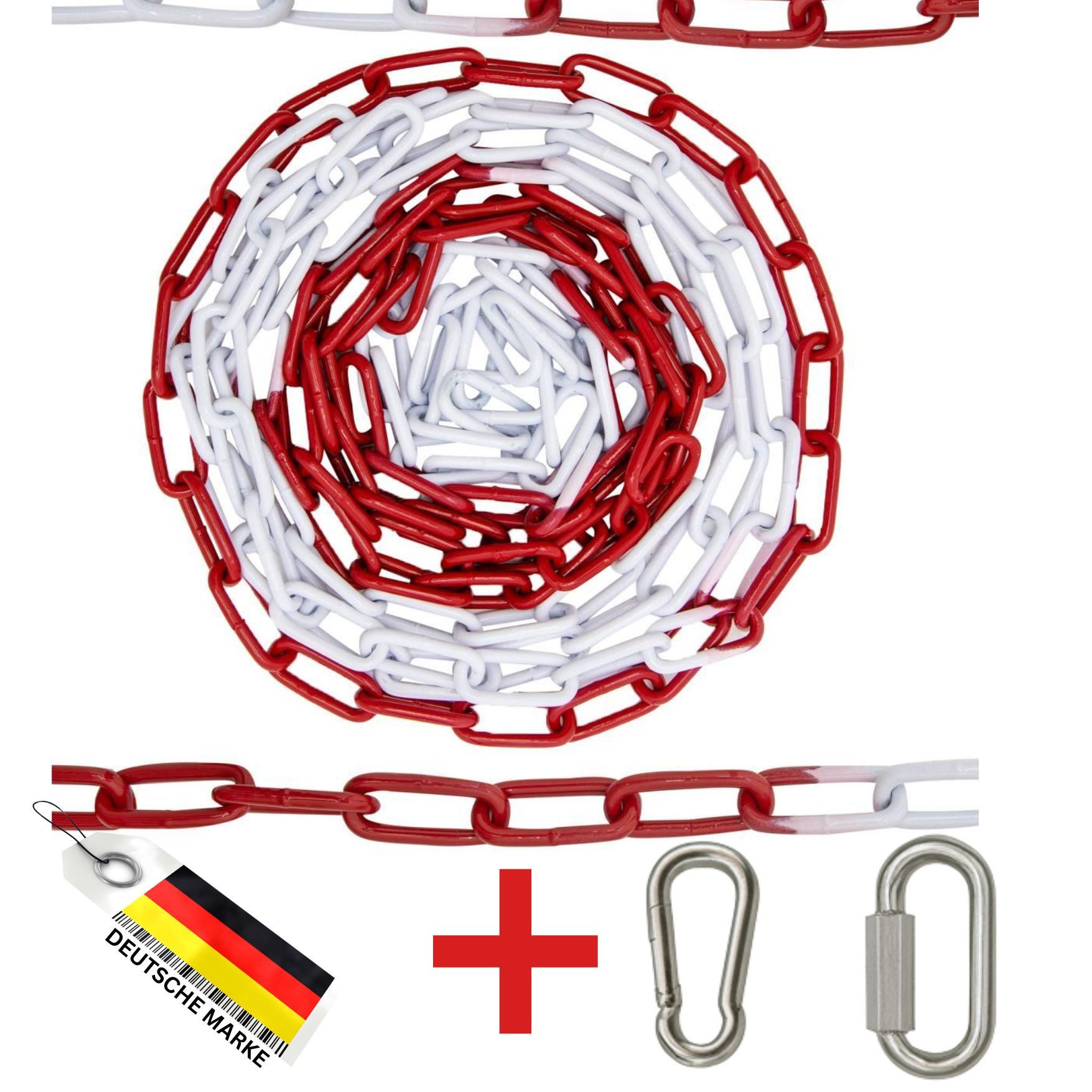 FAMEX Absperrkette 5m Stahlkette Rot Weiß, (Warnkette, Sicherheitskette) Karabinerhaken, Notglied, wetterfest