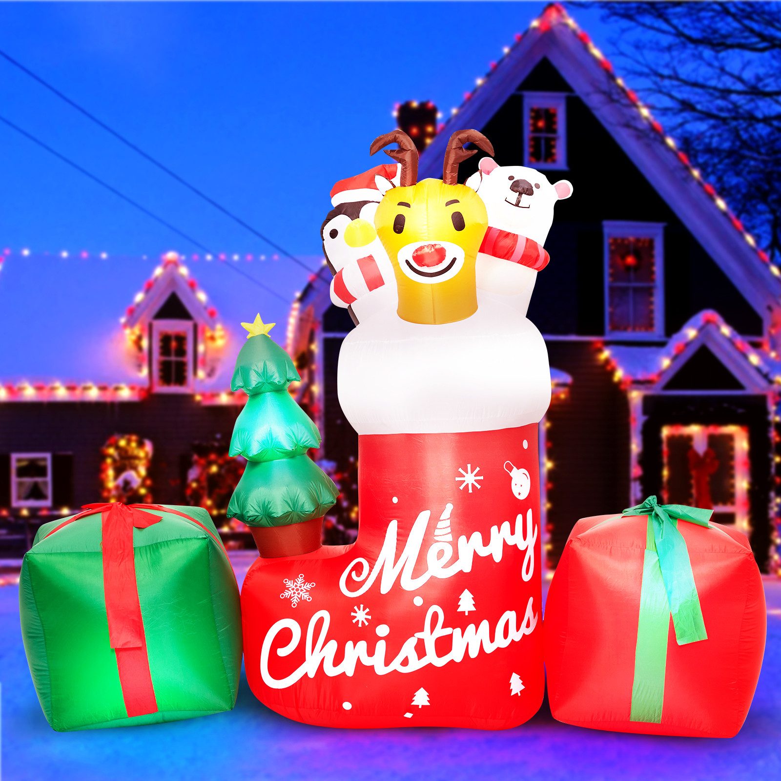 GarveeMore Lametta Aufblasbare Weihnachts‑Socke 250×80×200cm mit 7 LED Lichtern, wetterfeste Garten Weihnachtsdekoration, Weihnachts Socke Deko