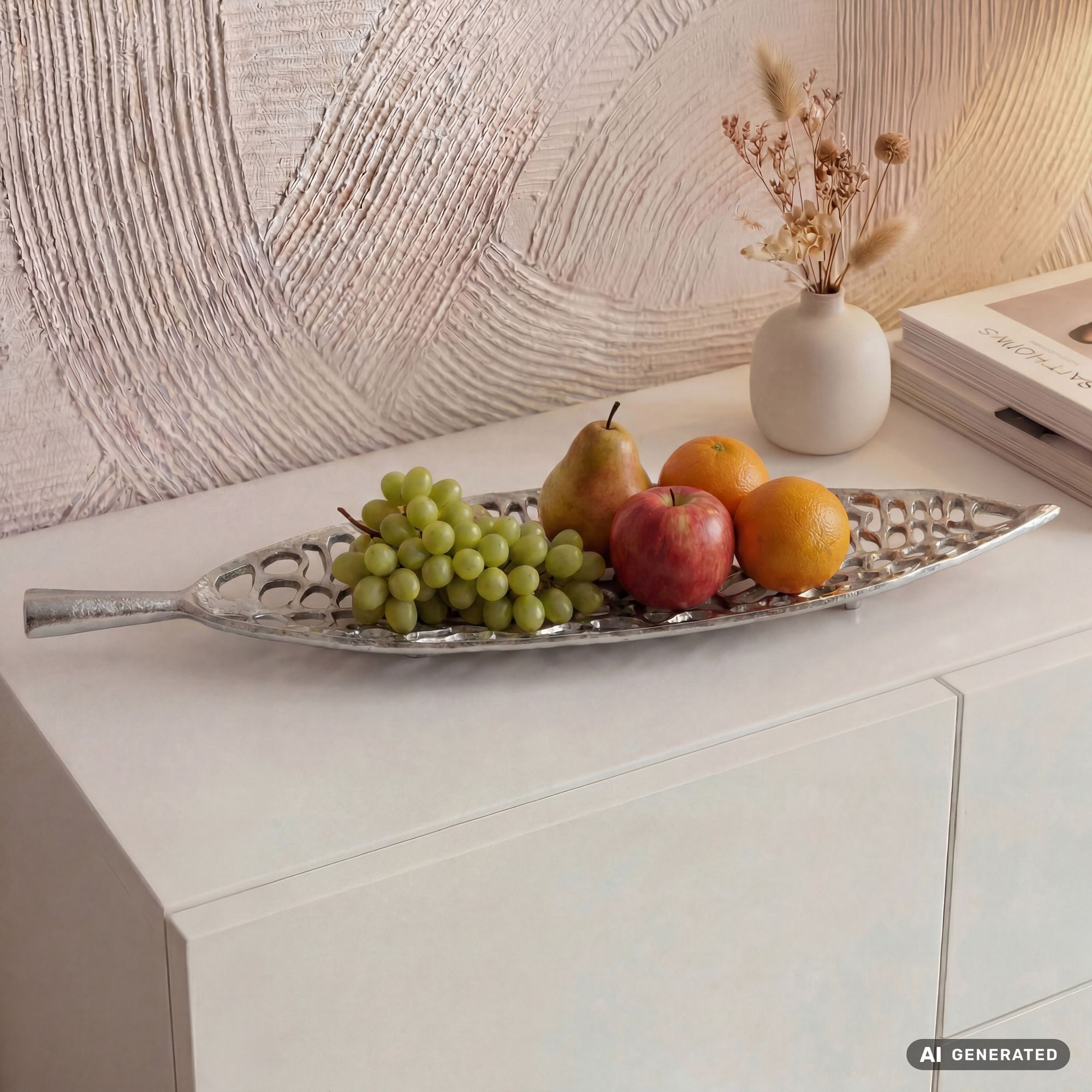 FINEBUY Obstschale FB85128 Früchteschale Aluminium Silber 63cm Dekoschale Obstkorb Metall, Aluminium, (Leaf Früchteschale für deine heimische Küche), Stabile Schale in toller Blattform