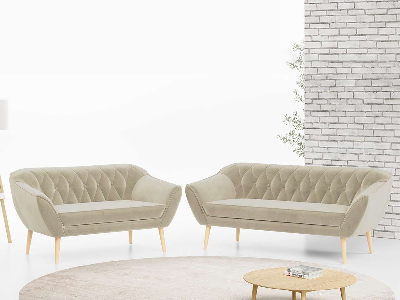 MKS MÖBEL Sofa PIRS 3 2, Skandinavischer Stil, Gesteppte Polsterung, Moderne Sofa Set 3 + 2 Beige Monolith | Alle Sofas