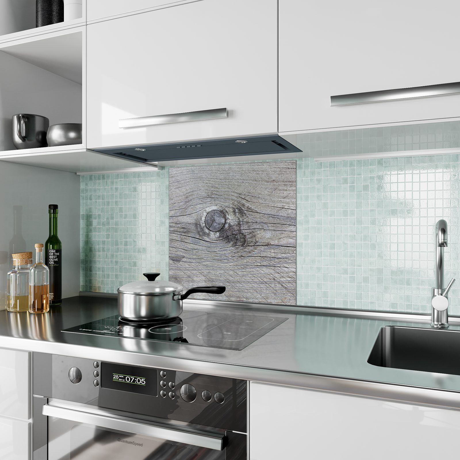 Primedeco Küchenrückwand Küchenrückwand Spritzschutz Glas mit Holzuntergrund Motiv