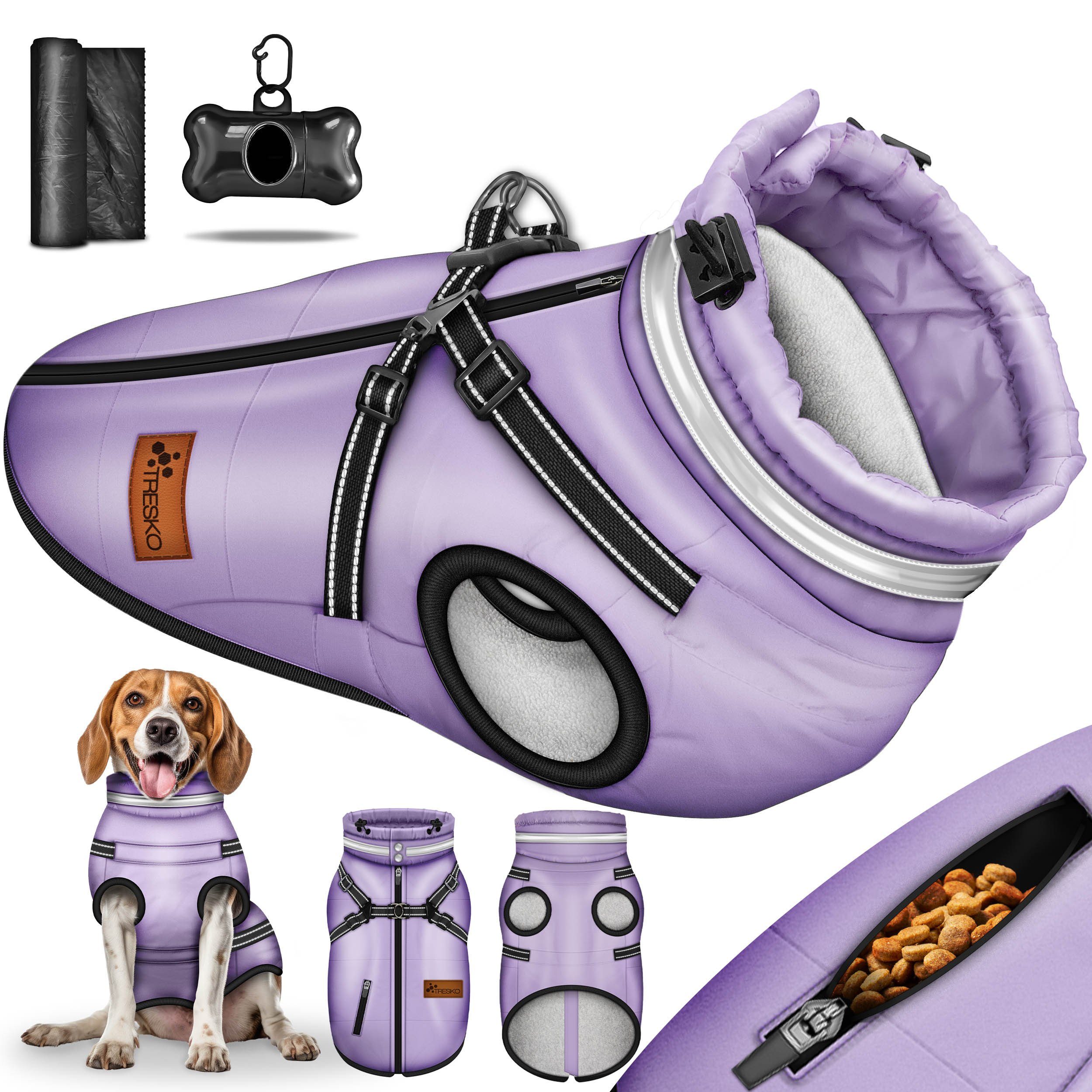 TRESKO Hundejacke Winter mit Reflektoren inkl. 15 Stück Kotbeutel, + Spender Hunderegenmantel wasserdicht Hundemantel mit Geschirr Weste