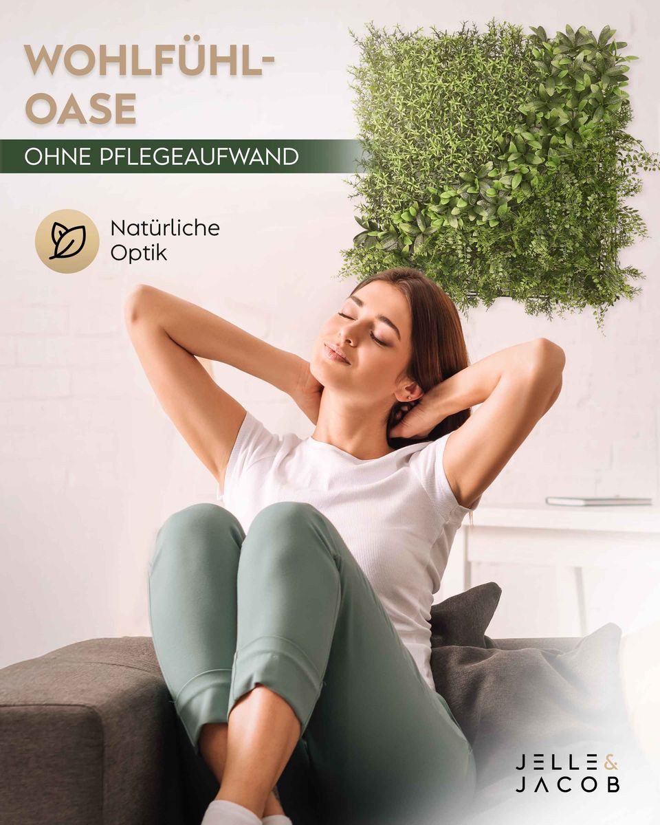 Kunstpflanze Künstliche Pflanzenwand Indoor & Outdoor, Blumenwand, Green Wall Waldgrün, JELLE & JACOB, Höhe 50 cm, pflegeleicht & langlebig für Wohlfühl-Atmosphäre