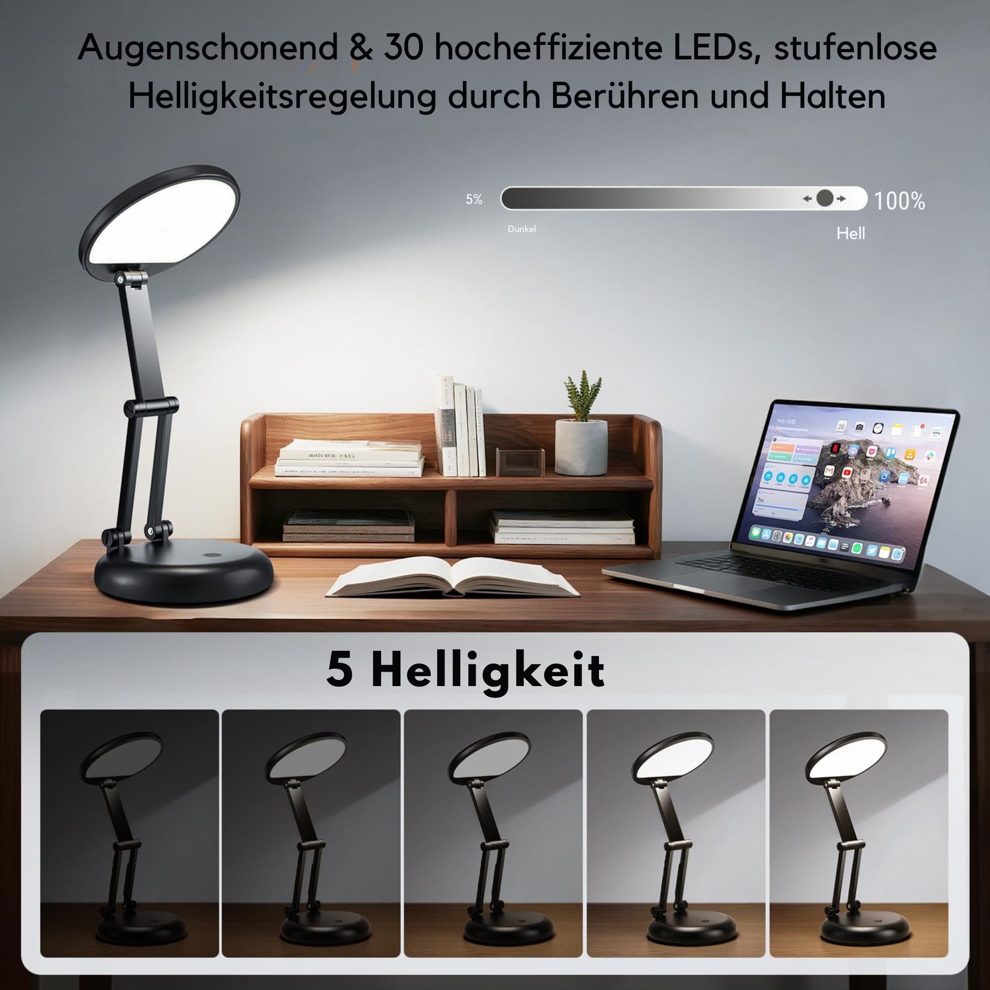 Vivitar LED Schreibtischlampe 3600-mAh Wiederaufladbare, 3600-mAh Tischlampe, klappbar, 300 Lumen, 4000 K natürliches Licht, Tageslichtweiß, 10 Helligkeitsstufen, Touch-Dimmer, Speicherfunktion, augenschonendem