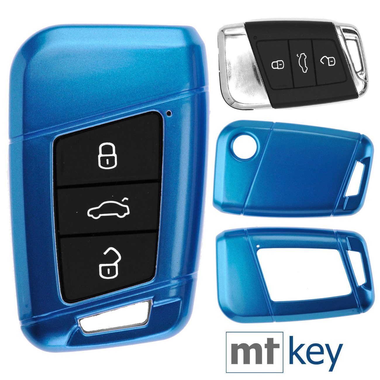 mt-key Schlüsseltasche Autoschlüssel Hardcover Schutzhülle Metallic Blue, für VW Arteon T-Roc Passat B8 Skoda Superb KEYLESS SMARTKEY Metallic Blau