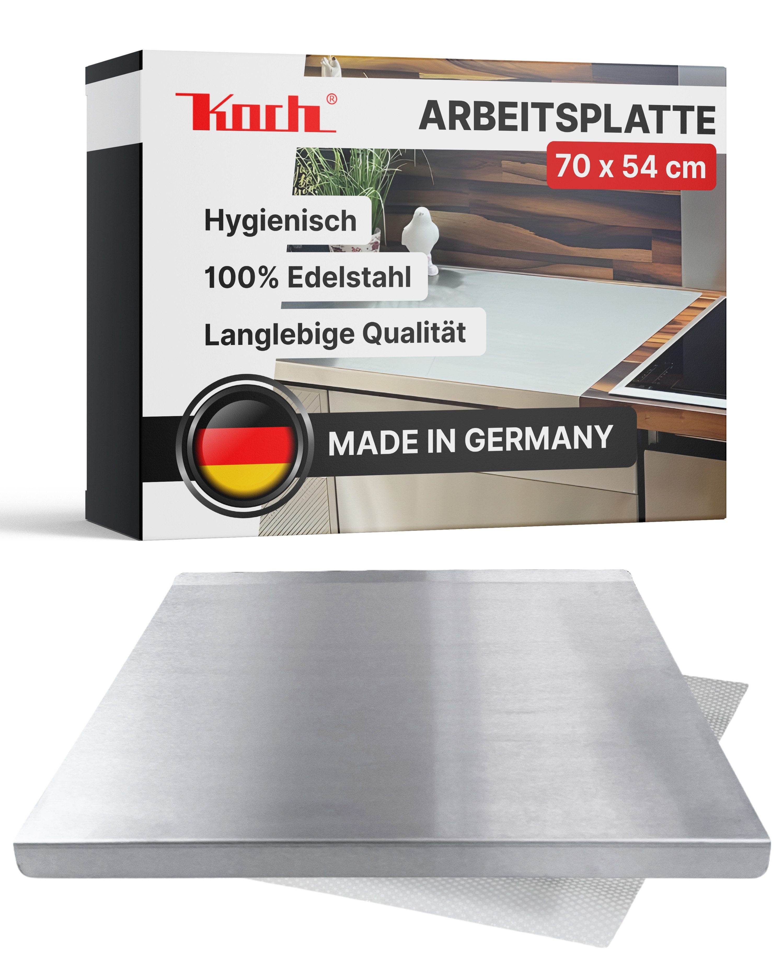 Koch Schneidebrett / Arbeitsplatte 70 x 54 cm mit Mehlfangkante Edelstahl