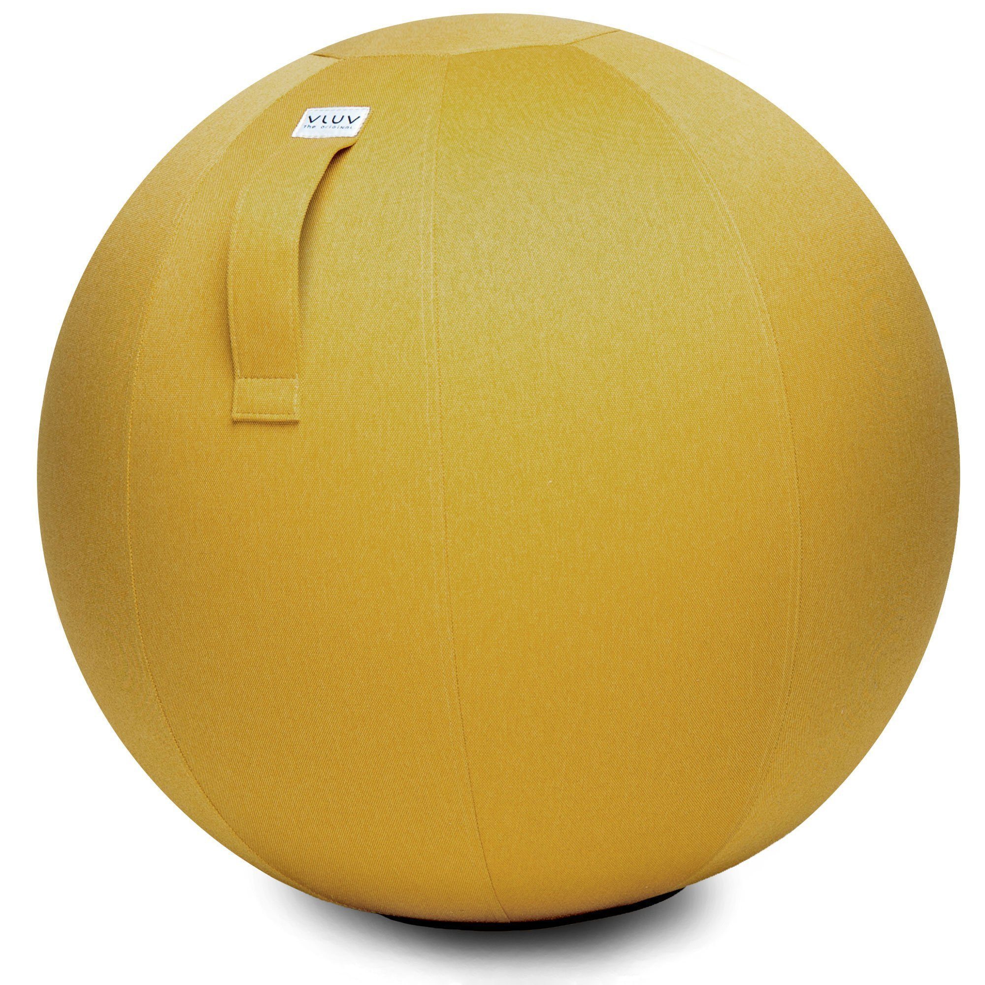 VLUV Sitzball BOL LEIV Stoff-Sitzball, ergonomisches Sitzmöbel für Büro und Zuhause, Farbe: Mustard (senfgelb), Ø 60cm - 65cm, Möbelbezugsstoff, robust und formstabil, mit Tragegriff
