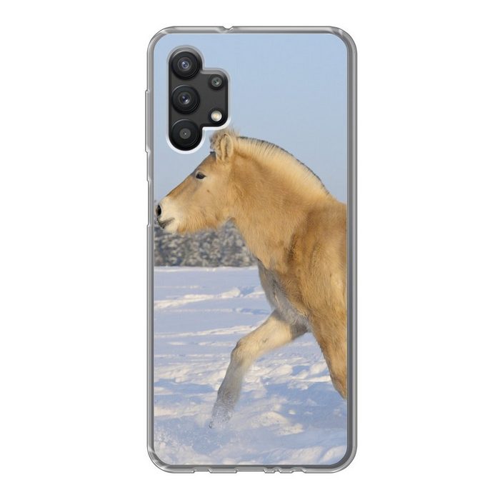 MuchoWow Handyhülle Trabendes Fjordpferd im Schnee Handyhülle Samsung Galaxy A32 5G Smartphone-Bumper Print Handy
