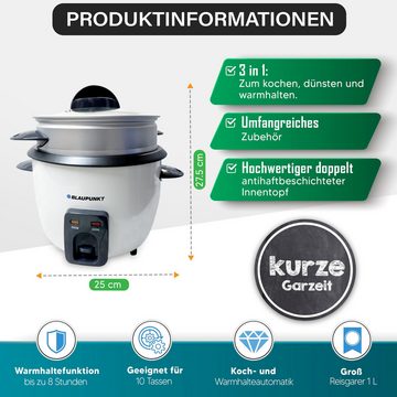 Blaupunkt Reiskocher MEN694 Reiskocher Groß Reisgarer 2,8 L, 3in1 Multikocher elektrisch, 1000,00 W, Dampfgarer, Cooker, Steamer, Dämpfer, Risottokocher, Gemüsegarer