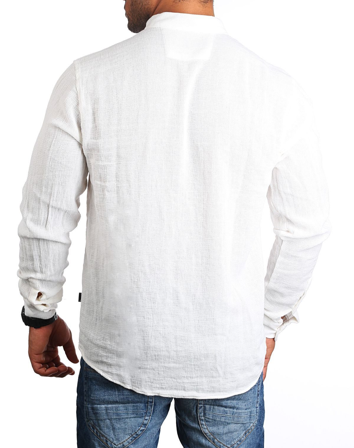CARISMA Langarmhemd Herren Sommer Hemd trendig luftig grob gewebt retro Look 9171/8567 Regular Langarm Stehkragen Uni – Bild 3 von 5