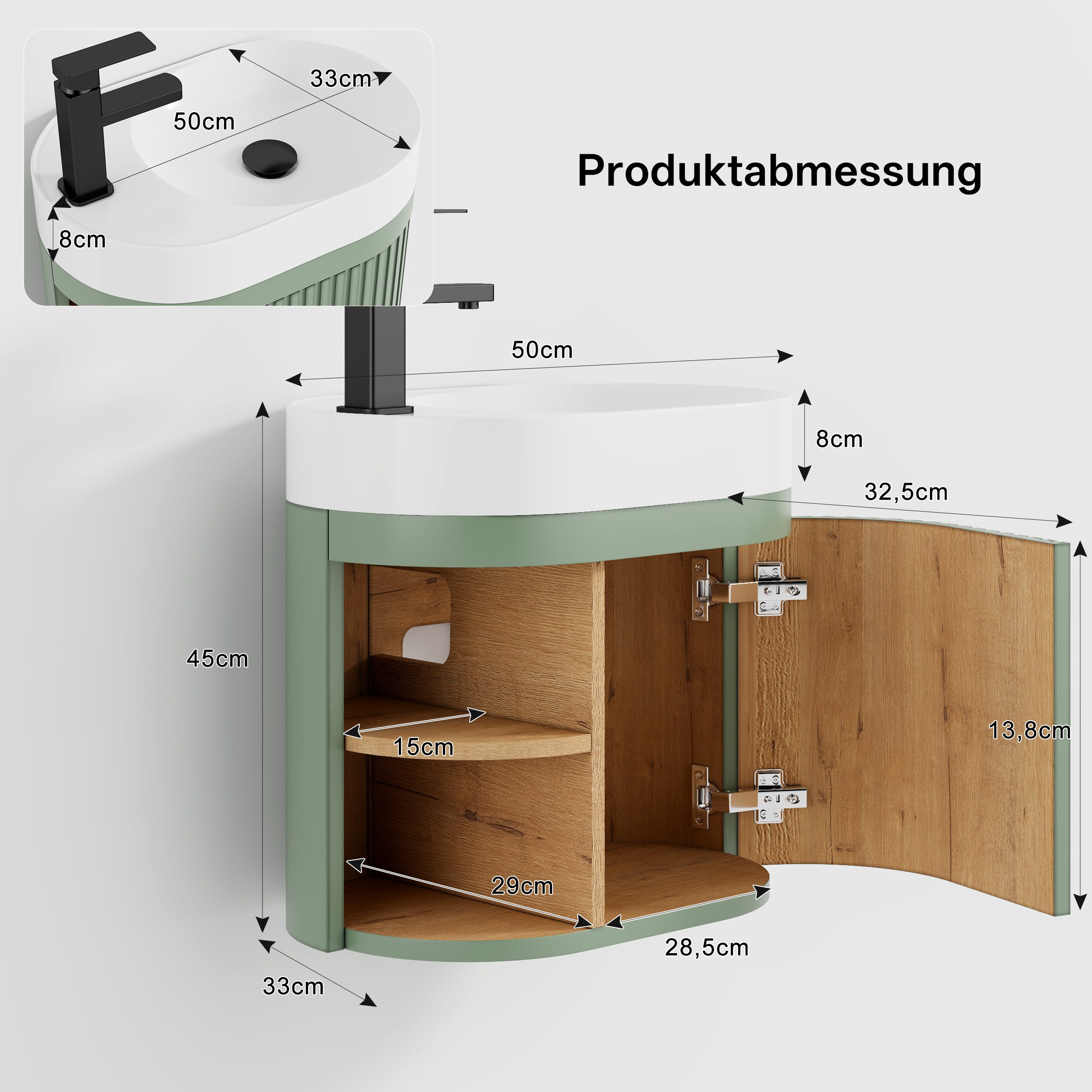 UEV Waschtisch klein Waschbecken mit Unterschrank 50cm gebogen,Gäste-WC (Breit 50cm, Komplett-Set, Badmöbel Set für Badezimmer/Gäste-WC, Unterschrank mit Harzbe – Bild 5 von 5