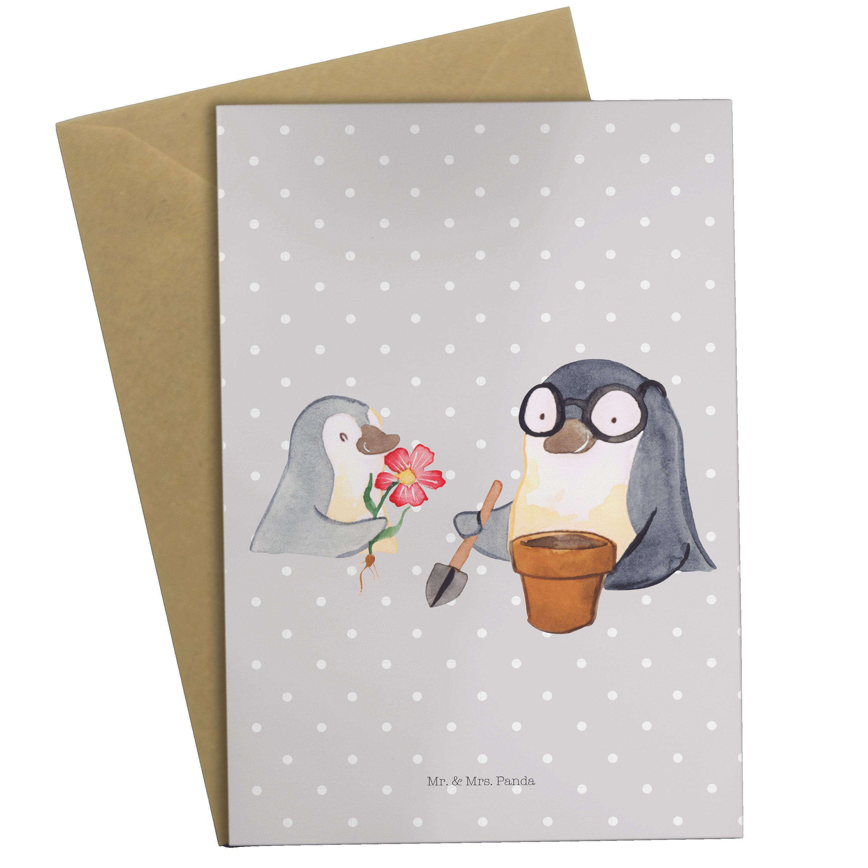 Mr. & Mrs. Panda Grußkarte Pinguin Opa Blumen pflanzen - Grau Pastell - Geschenk, bester Opa, Gä