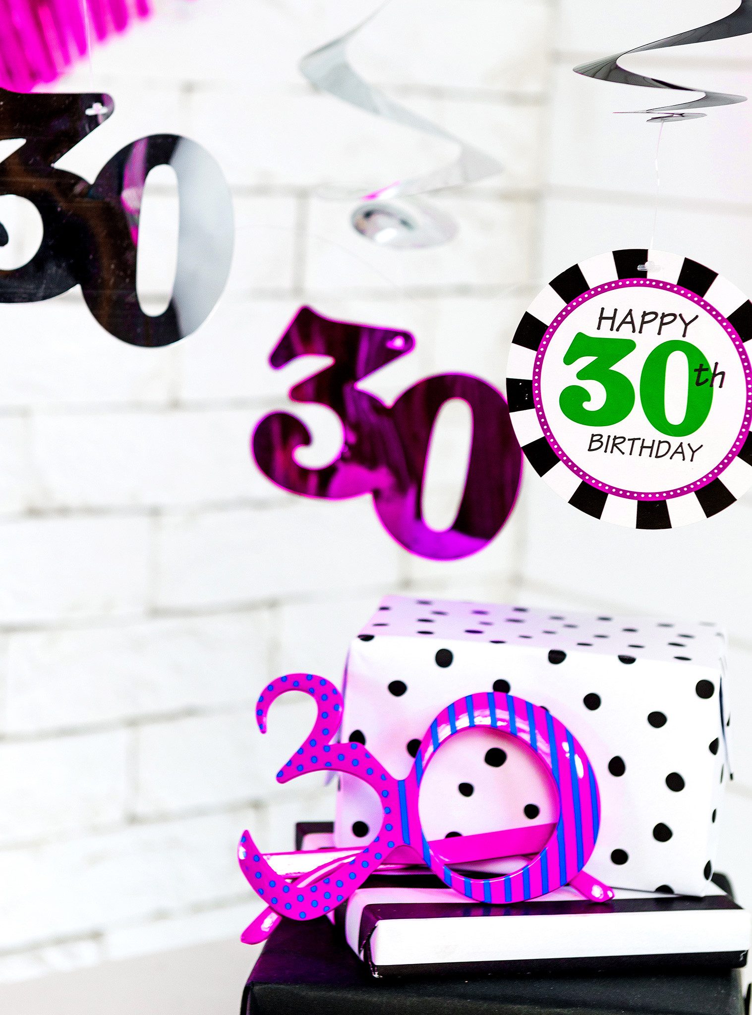 partydeco Kostüm, Partybrille für 30. Geburtstag gestreift und gepunktet Pink Blau