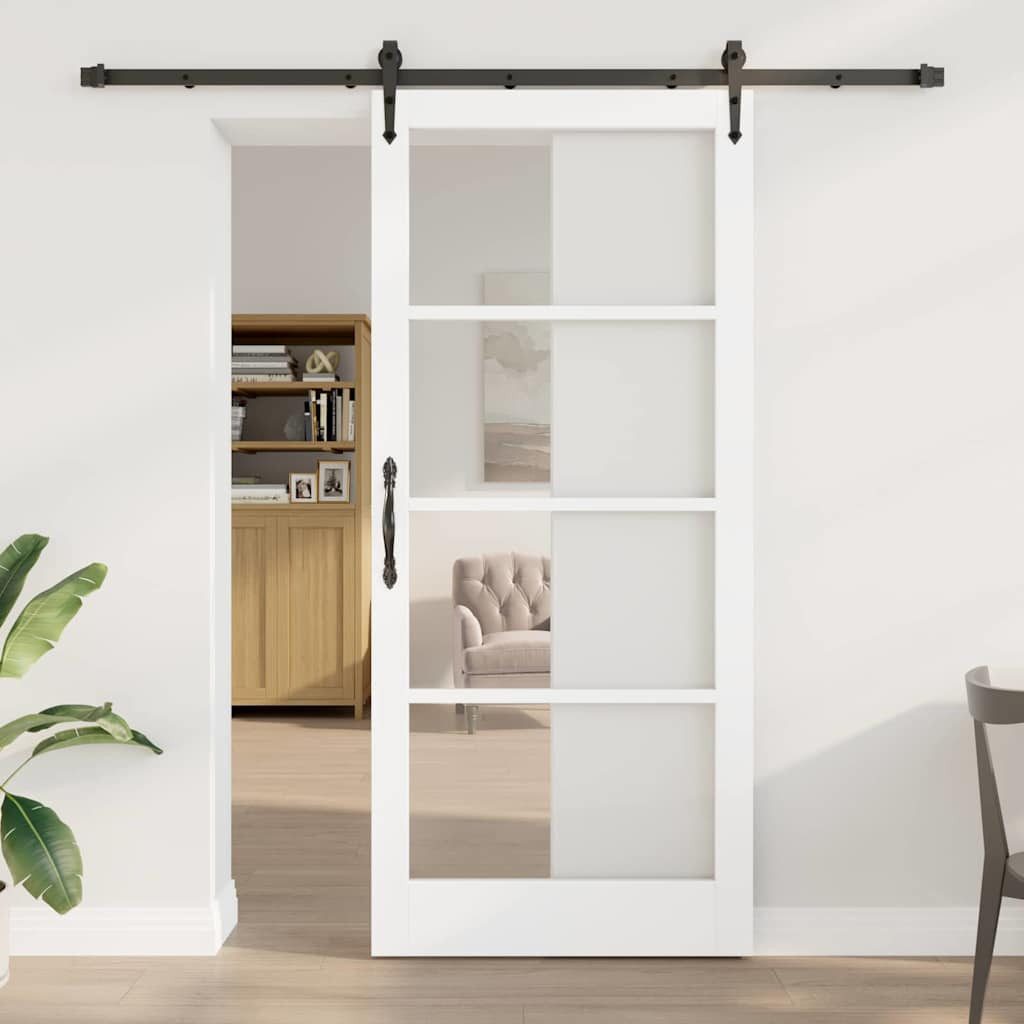 furnicato Schiebetür Massivholz Glas 93 x 211 cm Weiß, Leise gleitende Glastür mit Hardware-Set für deinen Flurbereich