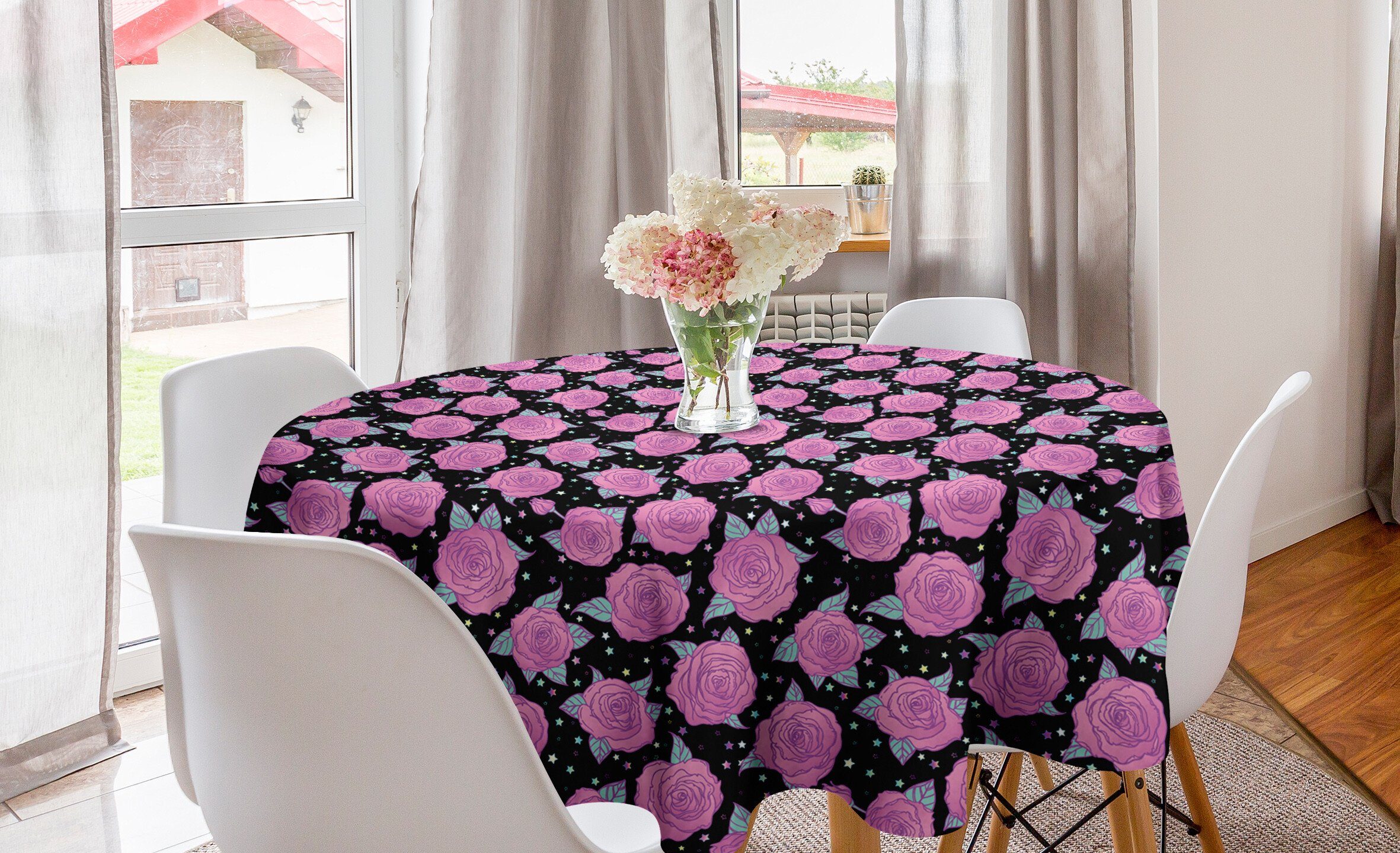 Abakuhaus Abdeckung für Esszimmer Dekoration, Rose Tischdecke Blühender Blumen-Muster-Stern Kreis Tischdecke Küche