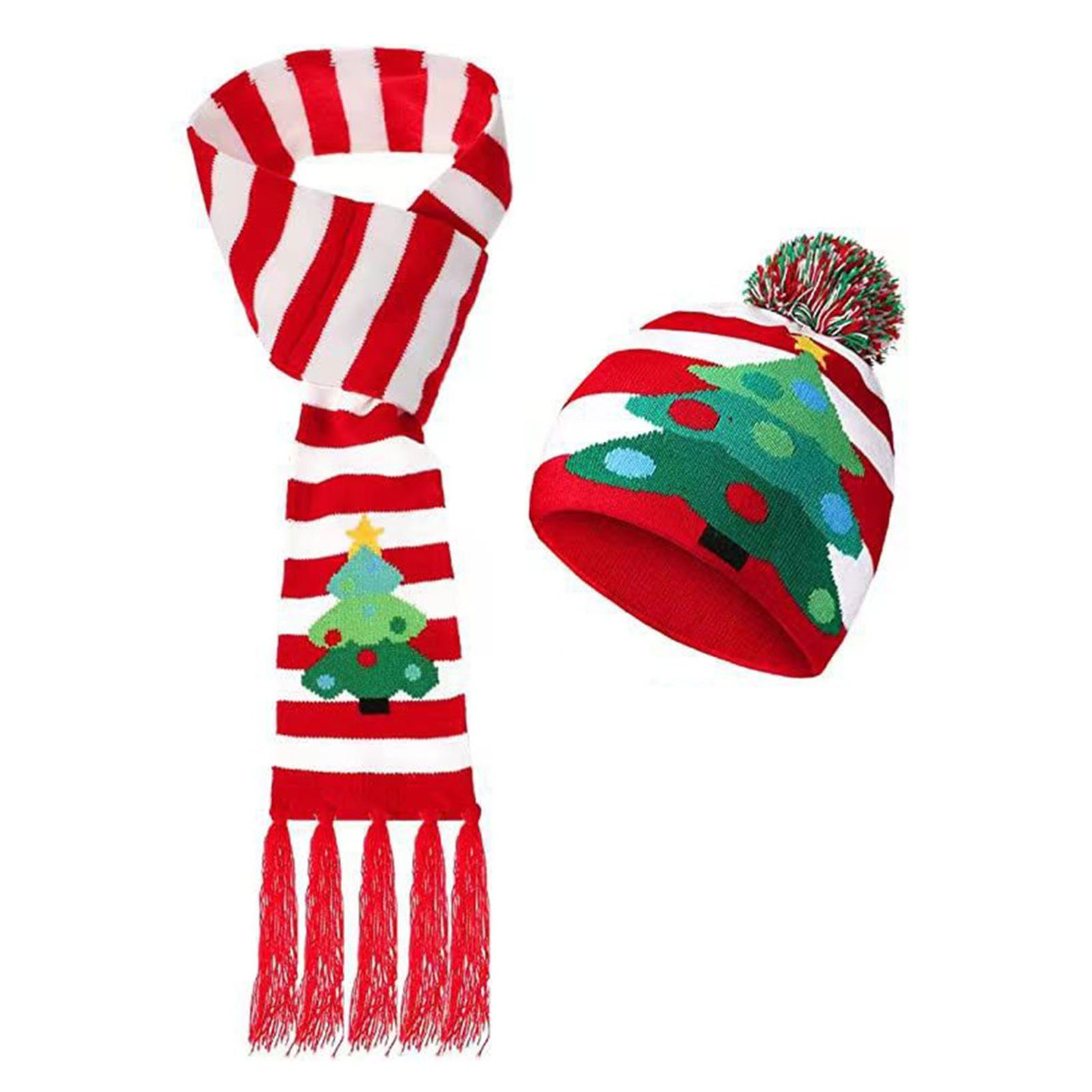 Rutaqian Mütze & Schal LED-beleuchtetes Weihnachtsmützen und Schal Set (Schneeflocke/Weihnachtsmann/Elch/Weihnachtsbaum/Druck 5 Stile, Quasten-Schal-Mütze-Set, Unisex) rot und weiß