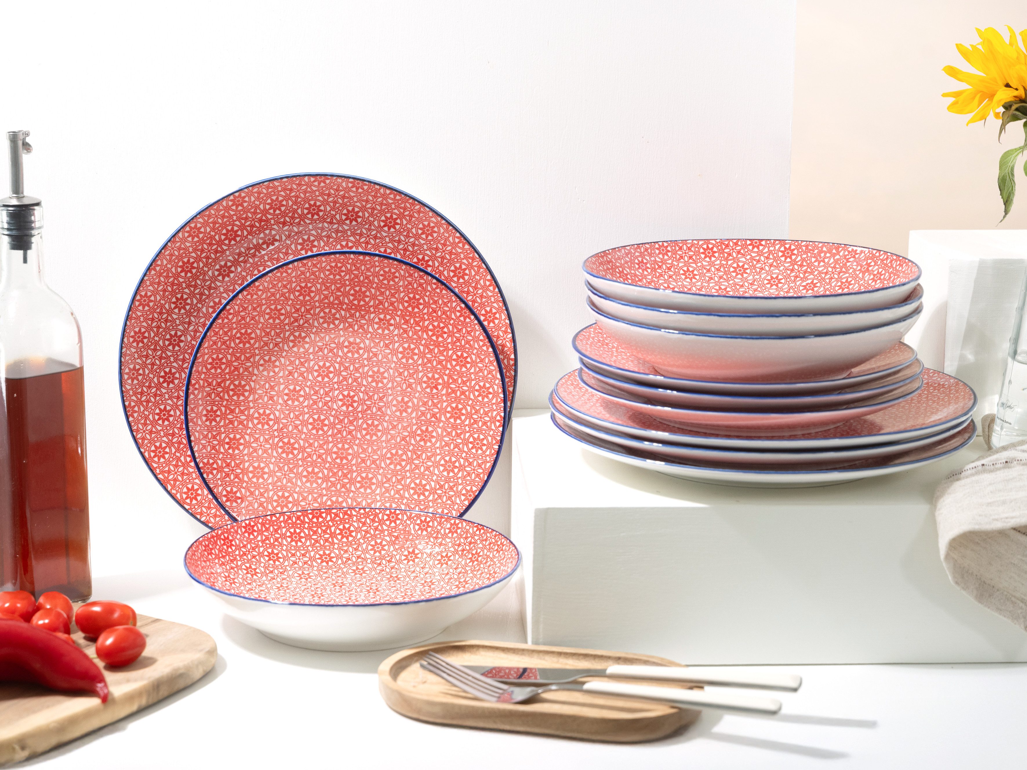 CreaTable Teller-Set Mediterran, Teller Set 12-tlg. (12-tlg), 4 Personen, Steinzeug, Mediterraner Flair, Traditionell keramische Motive