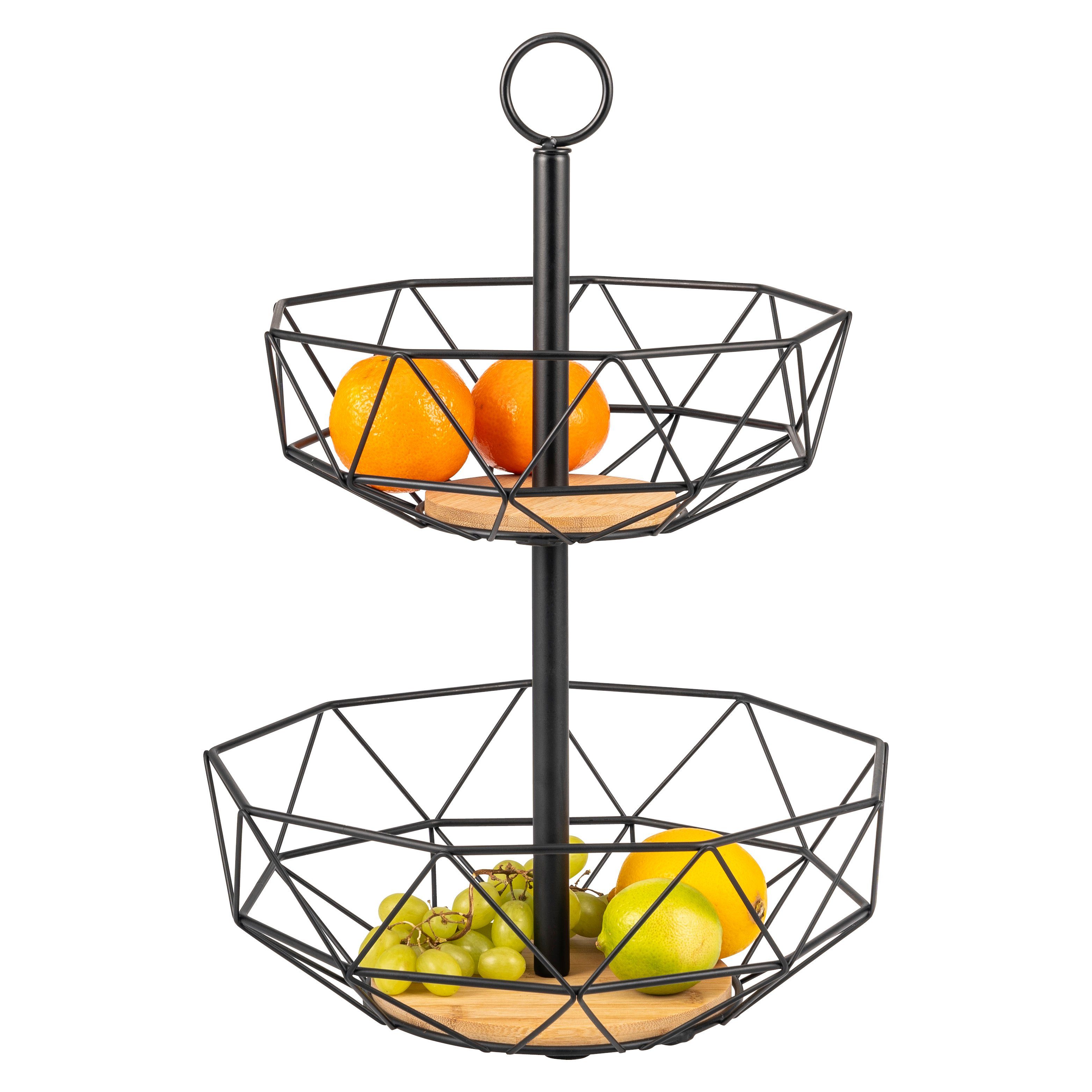 eluno Obstschale 2-stöckige Etagere, Obstkorb aus schwarzem Metall & Bambus