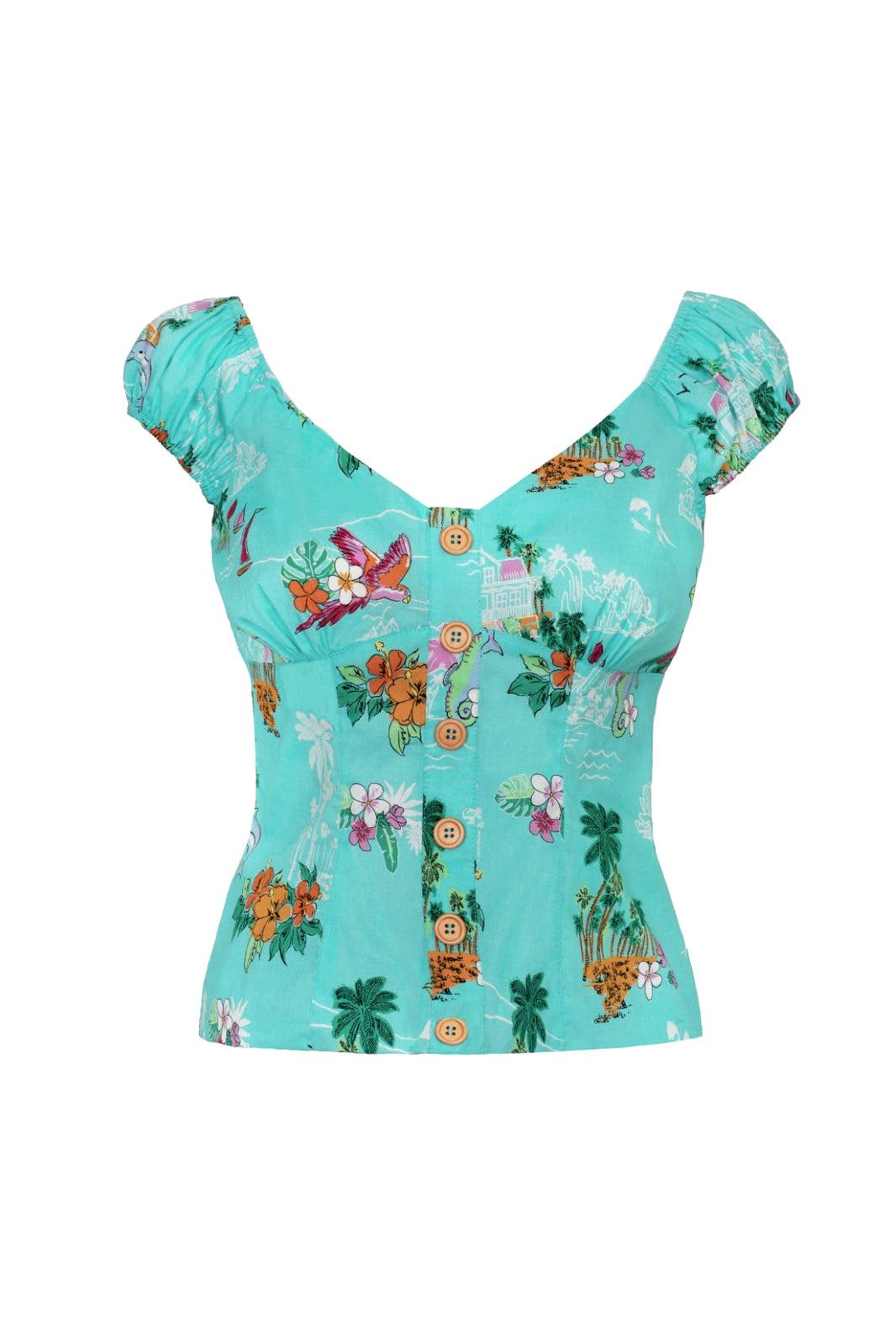Hell Bunny Shirttop Ayanna Aqua Tropisch Insel Villa Blumen Paradies Strand günstig online kaufen