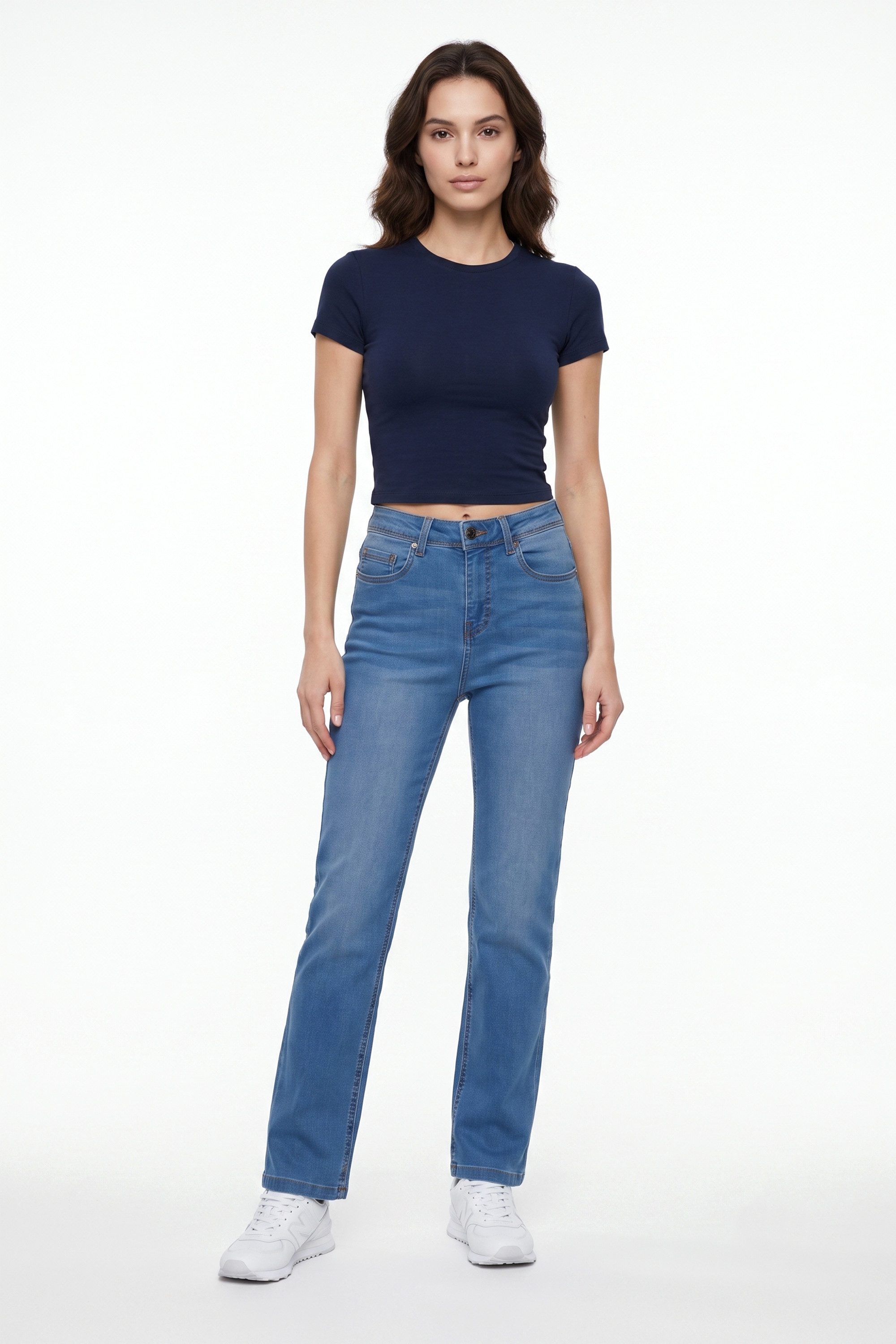 ESRA Straight-Jeans High Waist Damen Jeans Stretch Hose aus superweicher Baumwolle Straight Jeans Damen Stretch Jeanshose High Waist bis Große Größe