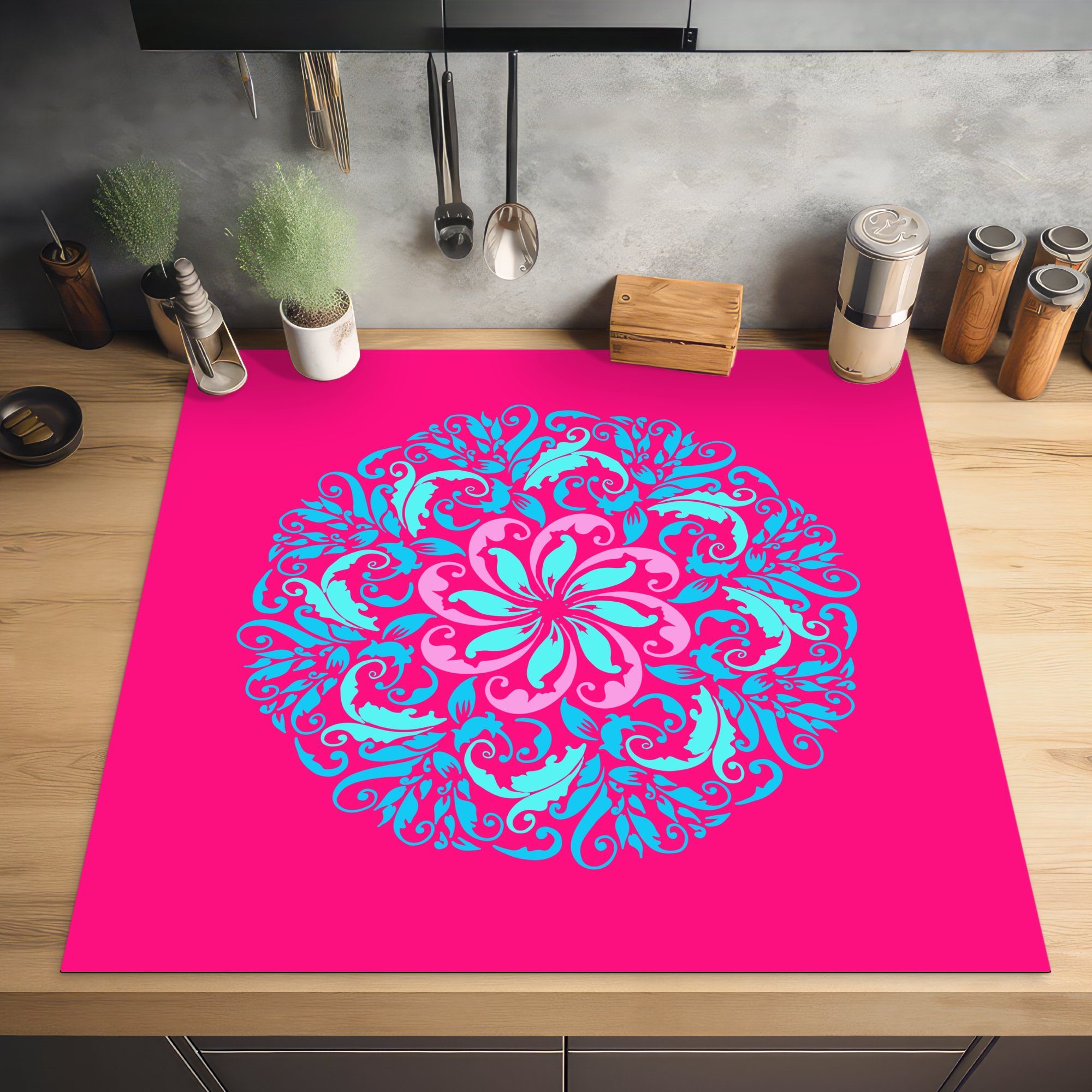 auf (1 MuchoWow für einem Lotus-Mandalas 78x78 eines Illustration Arbeitsplatte Ceranfeldabdeckung, Herdblende-/Abdeckplatte Hintergrund, rosa küche Vinyl, cm, tlg), blauen