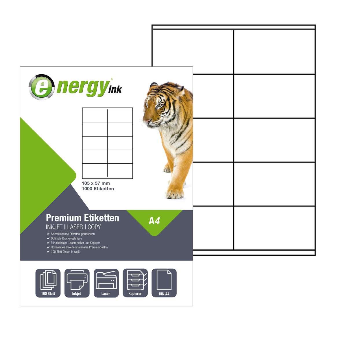 Energy-ink Etikettenpapier energy ink ET104x57, Etiketten 104x57 mm –100 Blatt = 1000 Etiketten