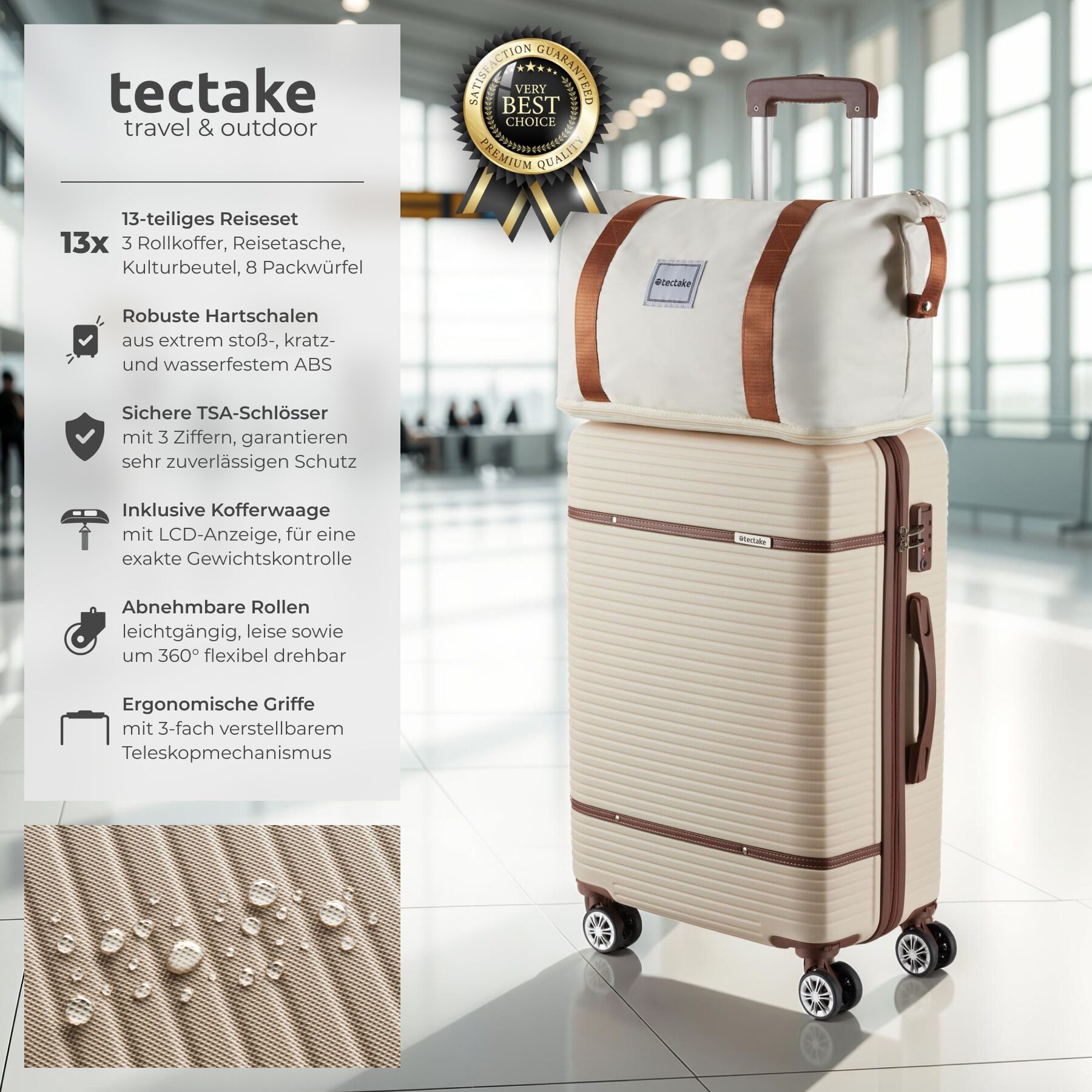 tectake Trolley Hartschalenkoffer-Set 13-tlg. ABS-Kunststoff, inkl. Kofferwaage, 4 Rollen, TSA-Sicherheitszahlenschloss, 360° drehbare, abnehmbare Doppelrollen