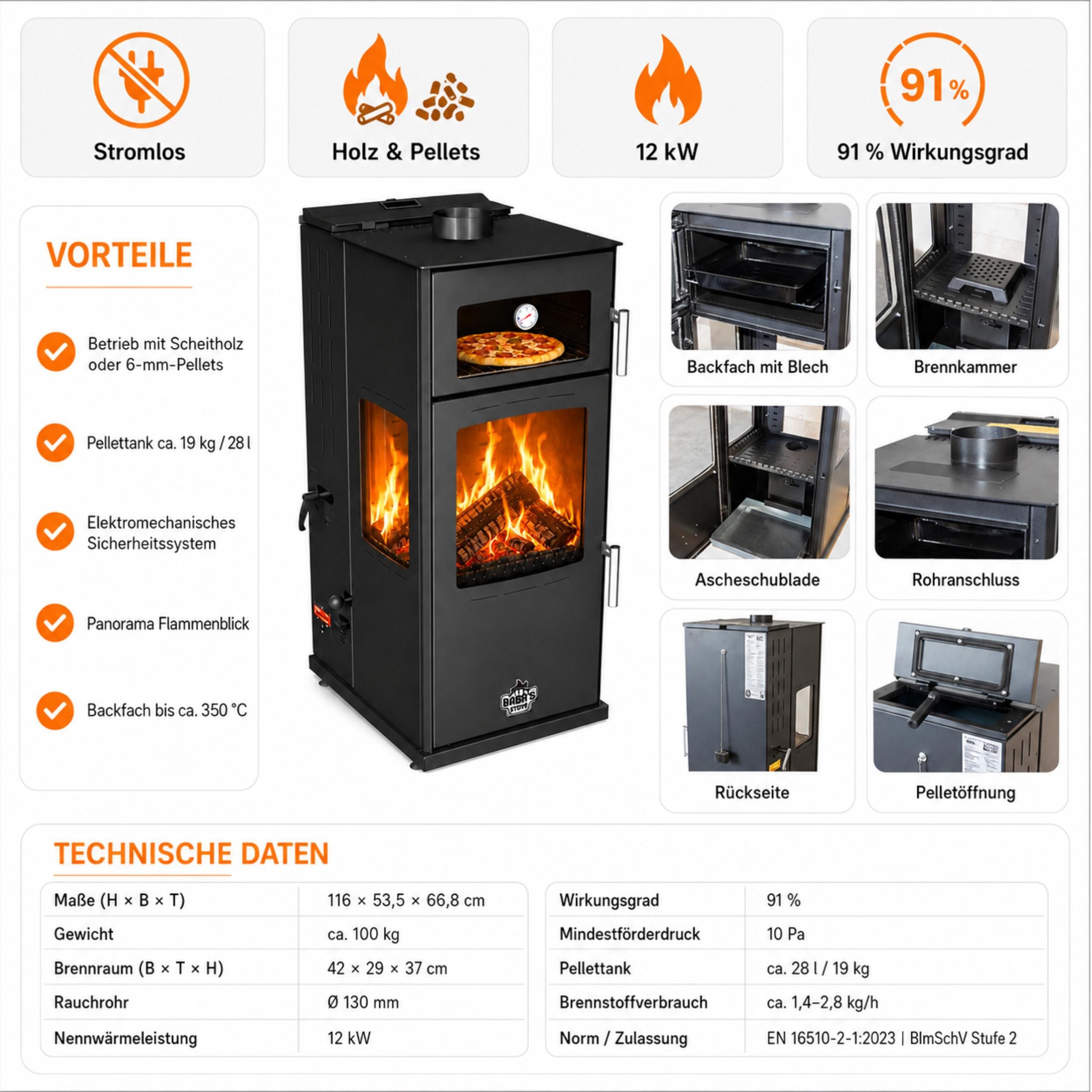 Baba's Kaminofen Gold Plus Hybridofen Pellets und Holz Kombiofen Kaminofen mit Backfach, 12 kW, Dauerbrand, Dauerbrandofen, (3-Scheiben 3 Seitig Verglast Panoramascheibe), Panorama Holzofen Holz Ofen Kamin