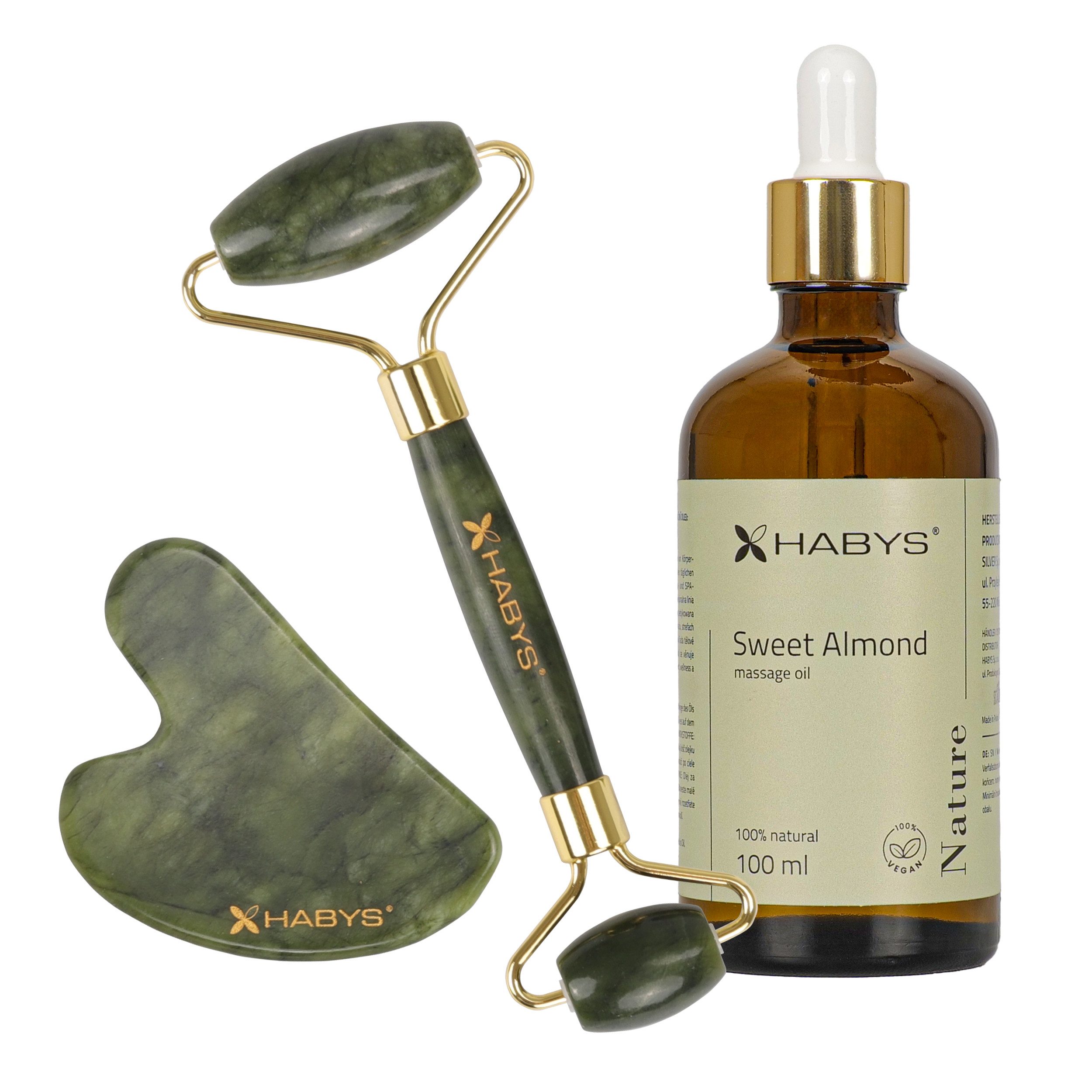 Habys Massageliege Gesichts-Massage-Set Jadeit Gua Sha + Roller + Mandelöl 100 ml