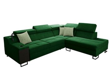 MIRJAN24 Ecksofa Alicante VII, mit Bettkasten und Schlaffunktion, Einstellbare Kopfstützen, USB-Anschluss, Barfach, Lampe