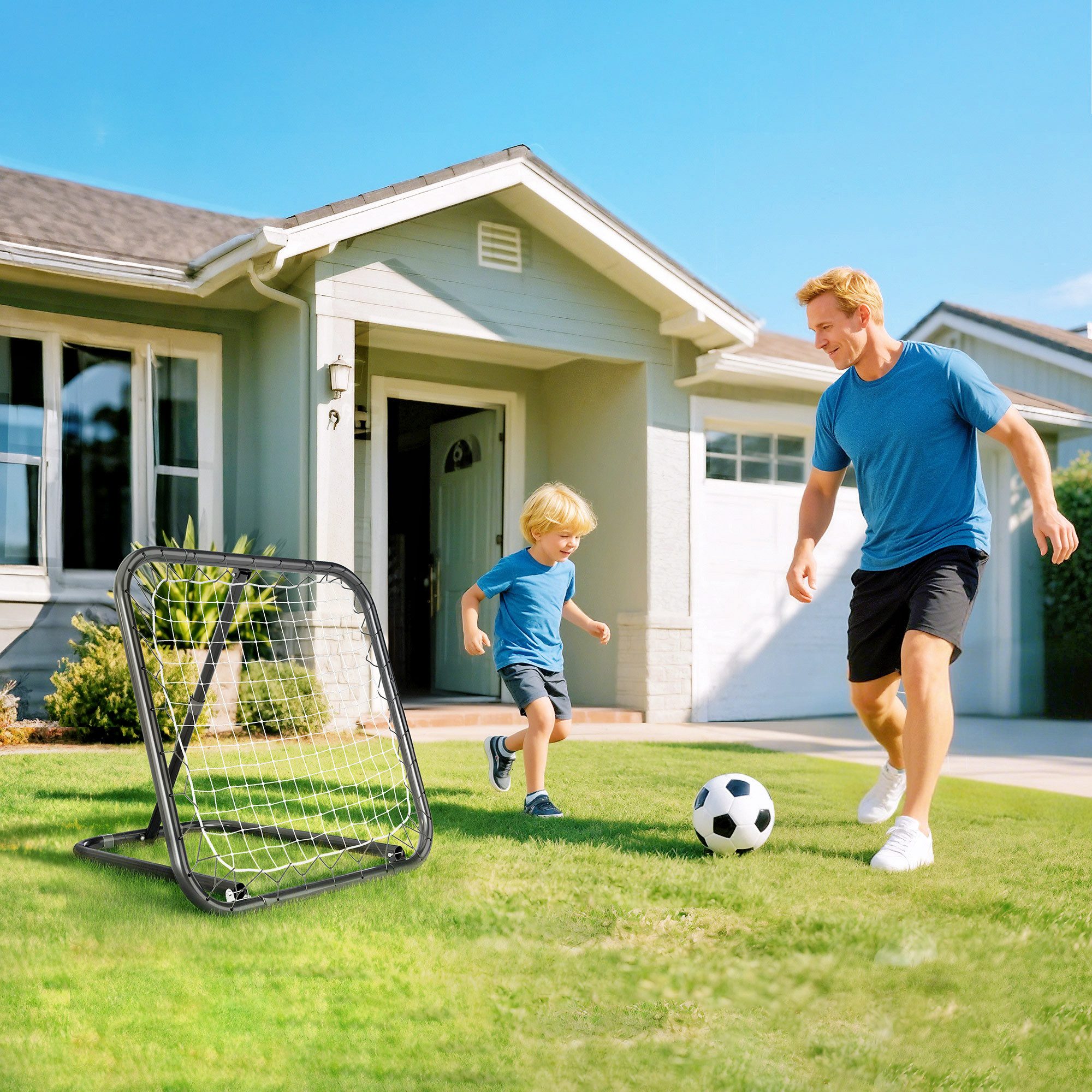 HOMCOM Rebounder Fußball Prellwand 78x84 cm mit Heringen, tragbar, Weiß, (Rückprallwand Netz, 1-St., Kickback Tor), für Baseball Basketball Verstellbar in 5 Stufen Metall