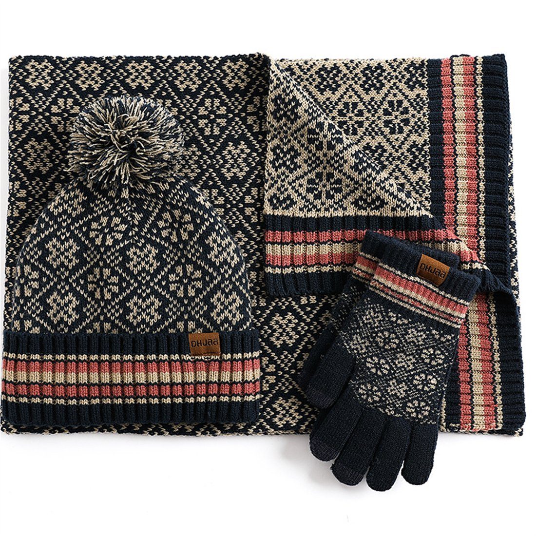 DÖRÖY Strickmütze Unisex Winter Handschuhe 3er Wollmütze, Mütze, Vintage Beige Schal, Set