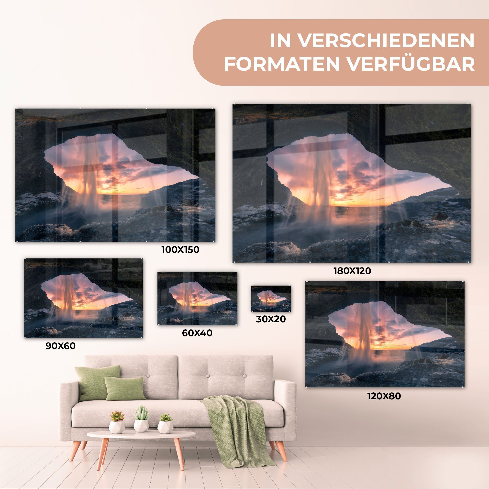 Acrylglasbilder Acrylglasbild & Himmel St), MuchoWow Wasserfall Höhle, - Schlafzimmer - (1 Wohnzimmer
