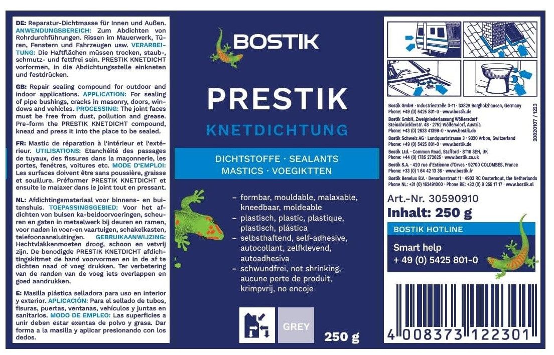 BOSTIK Dichtungskitt Bostik Prestik Knetdichtung 250g Faltschachtel grau, gebrauchsfertig, lösemittelfrei