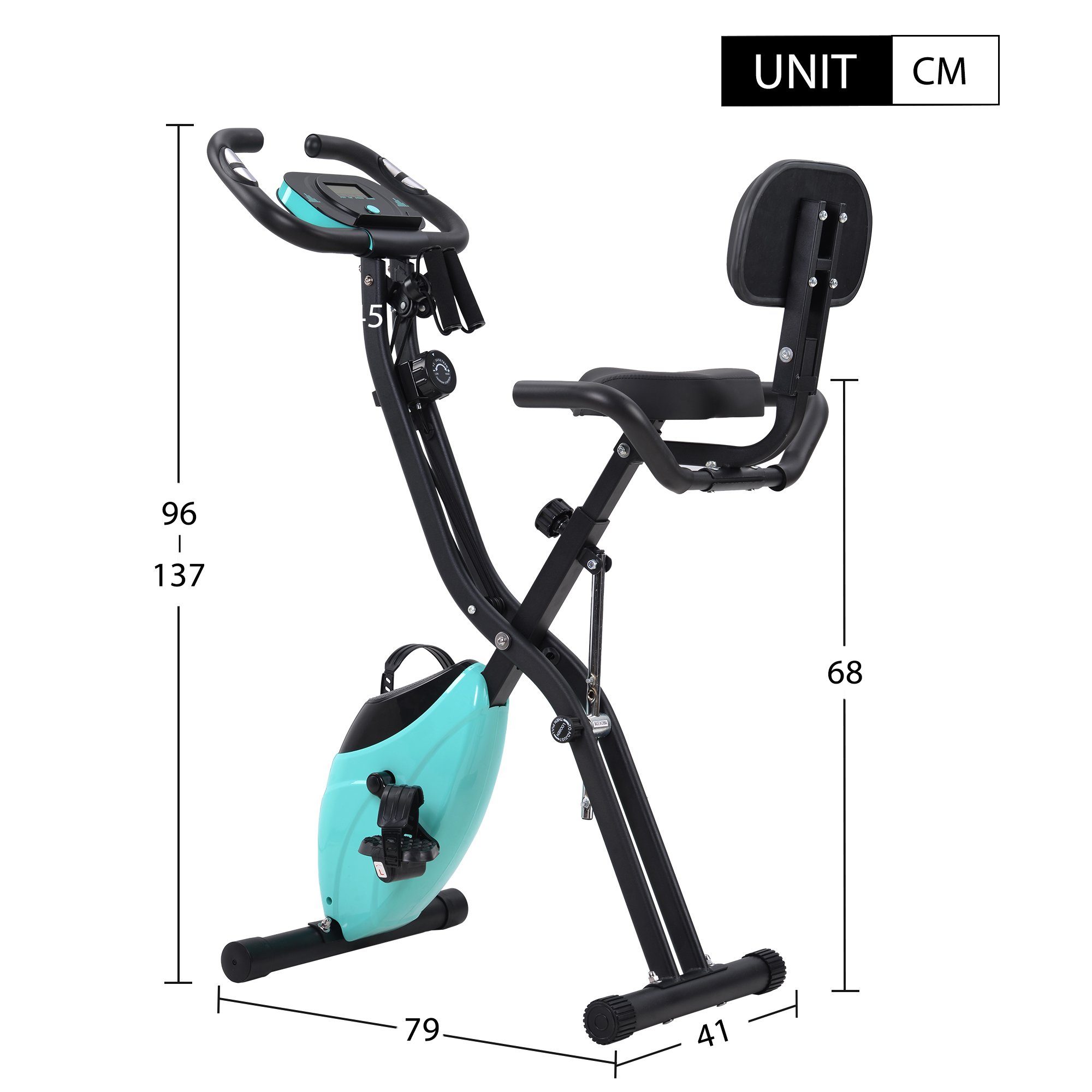 Heimtrainer (magnetische faltbares Fitnessfahrrad), 3-in-1 X-bike mit Expanderbänder, 10 Widerstandsstufen, Max 120 kg
