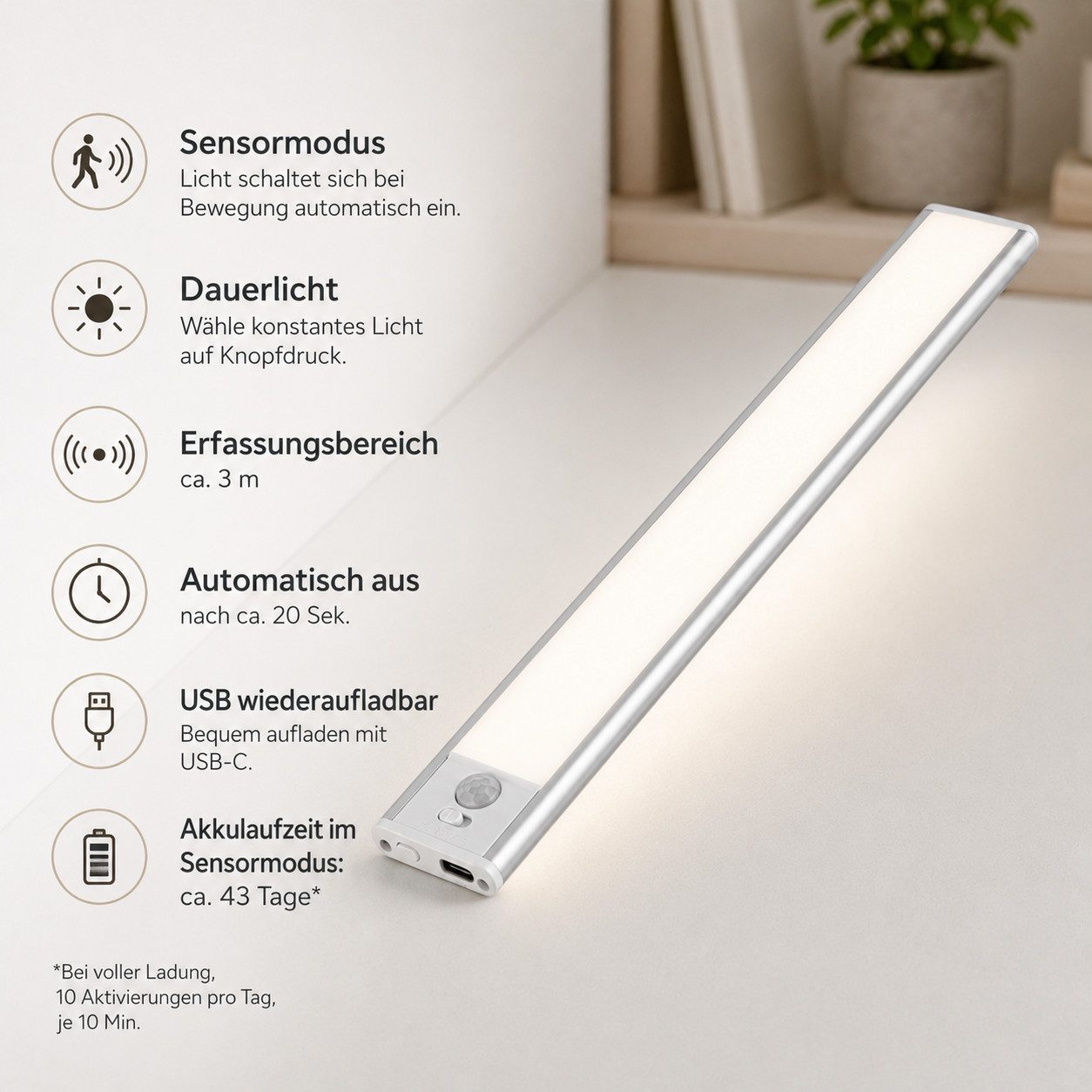 OYLCDI LED Unterbauleuchte LED Lichtleiste mit Bewegungsmelder, dimmbare Akku Schranklampe, LED festintegriert, mit Auto-Modus, 3 Lichtfarben, USB-Ladekabel inklusive, LED Nachttischlampe, Kaltes Weiß, led streifen, Warmes Weiß, Natürliches Weiß, Küchenlampe für Treppen, Küche, Wohnzimmer,usw.