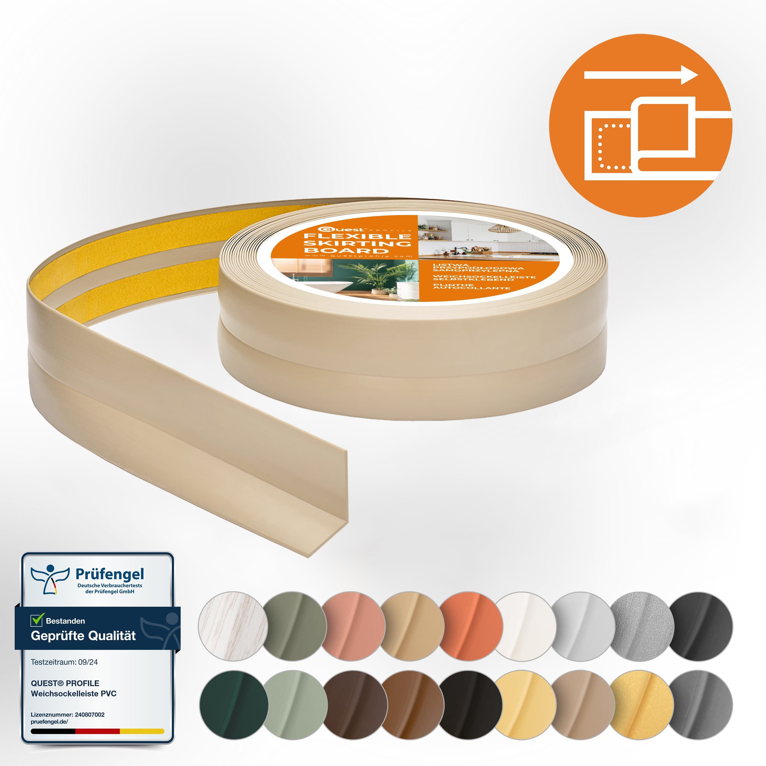 Quest Sockelleiste Weichsockelleiste Selbstklebend 15x15 mm, L: 500,00 cm, H: 1,50 cm, Packung, 1-St., wasserfest, UV-beständig, für Küche & Bad – Bild 3 von 5