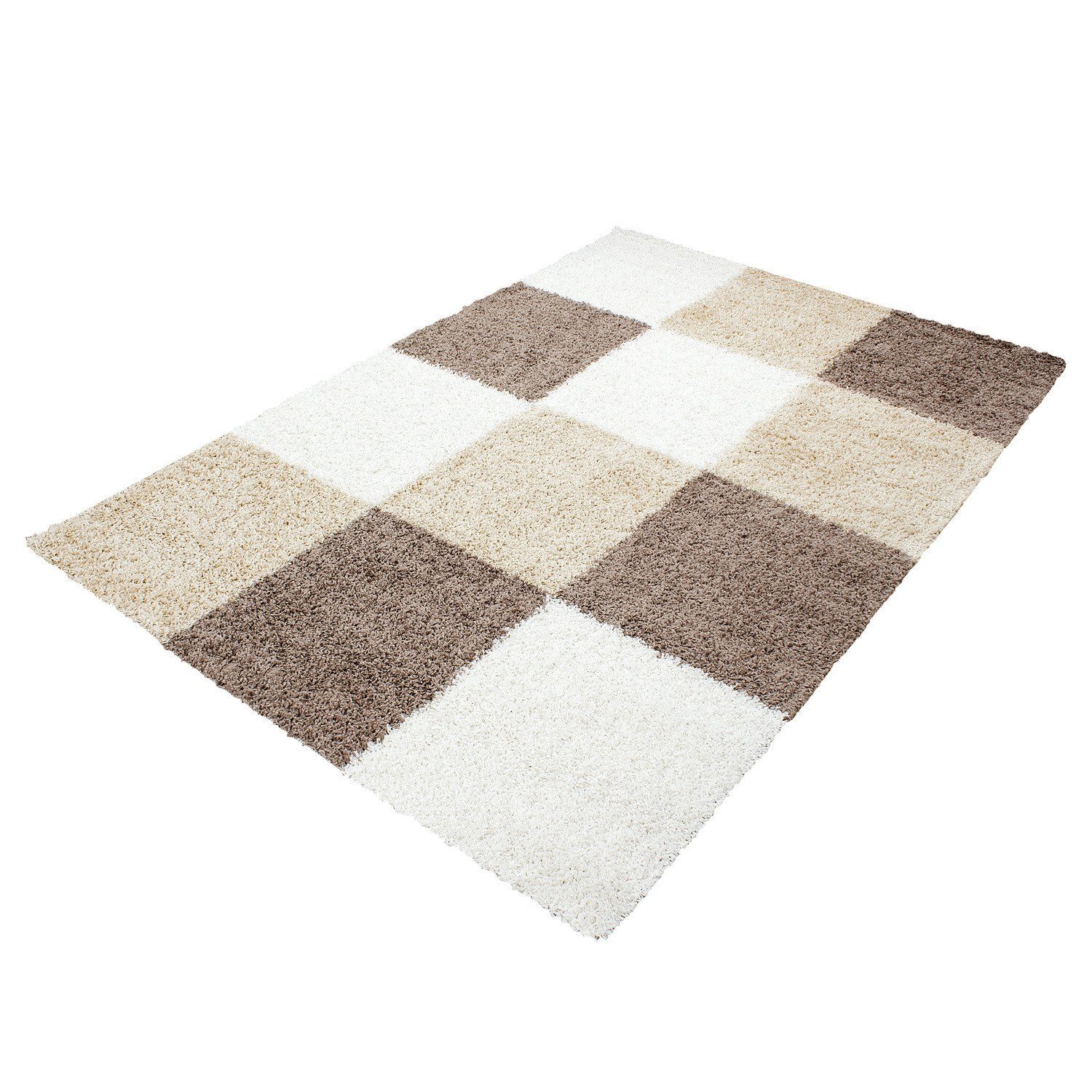 Hochflor-Teppich Langflor Hochflorteppich kariert Shaggy Wohnzimmer, Angeycasa Mokka