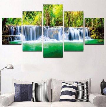 TPFLiving Kunstdruck (OHNE RAHMEN) Poster - Leinwand - Wandbild, 5 teiliges Wandbild - Wasserfall im Wald (Leinwandbild XXL), Farben: Grün, Braun, Gelb, Blau - Größe: 10x15 10x20 10x25cm