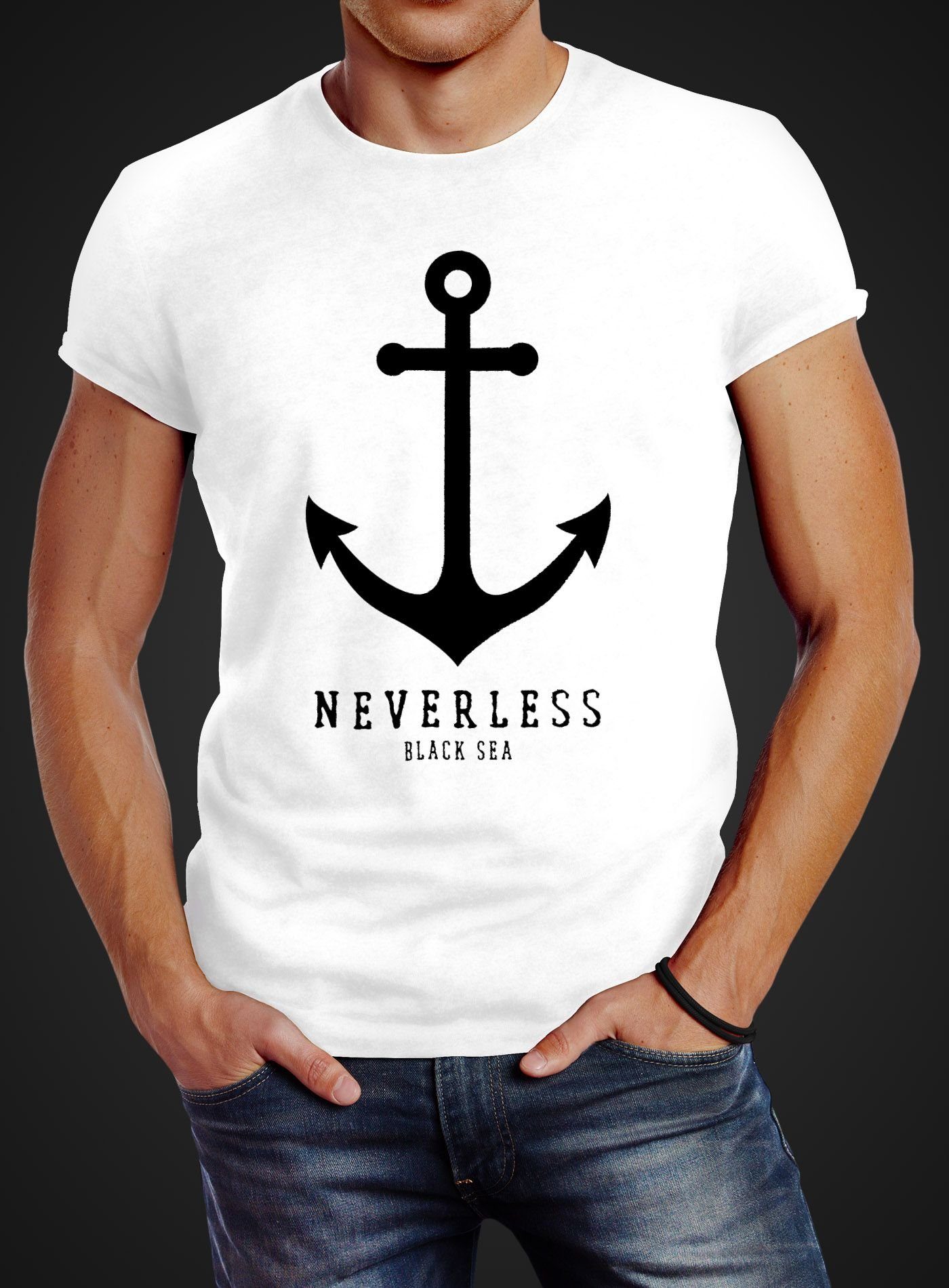 Neverless Print-Shirt Herren T-Shirt Anker Nautical Sailor Segeln Slim Fit mit Print