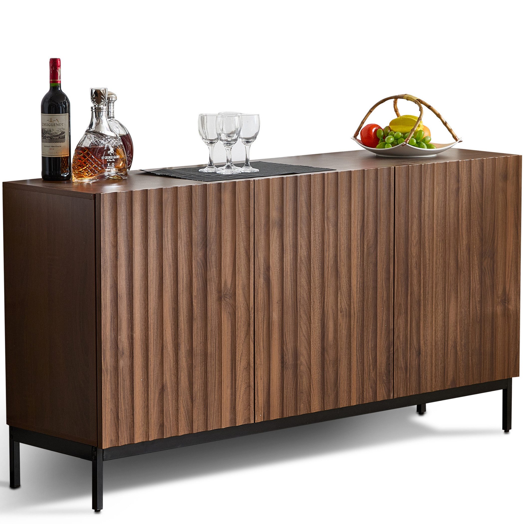 SeedWave Sideboard Retro Vielseitige Kommode Anti-Kipp Griffloses Sideboard mit 3 Türen, Wasserdichte Arbeitsfläche, verstellbare Einlegeböden
