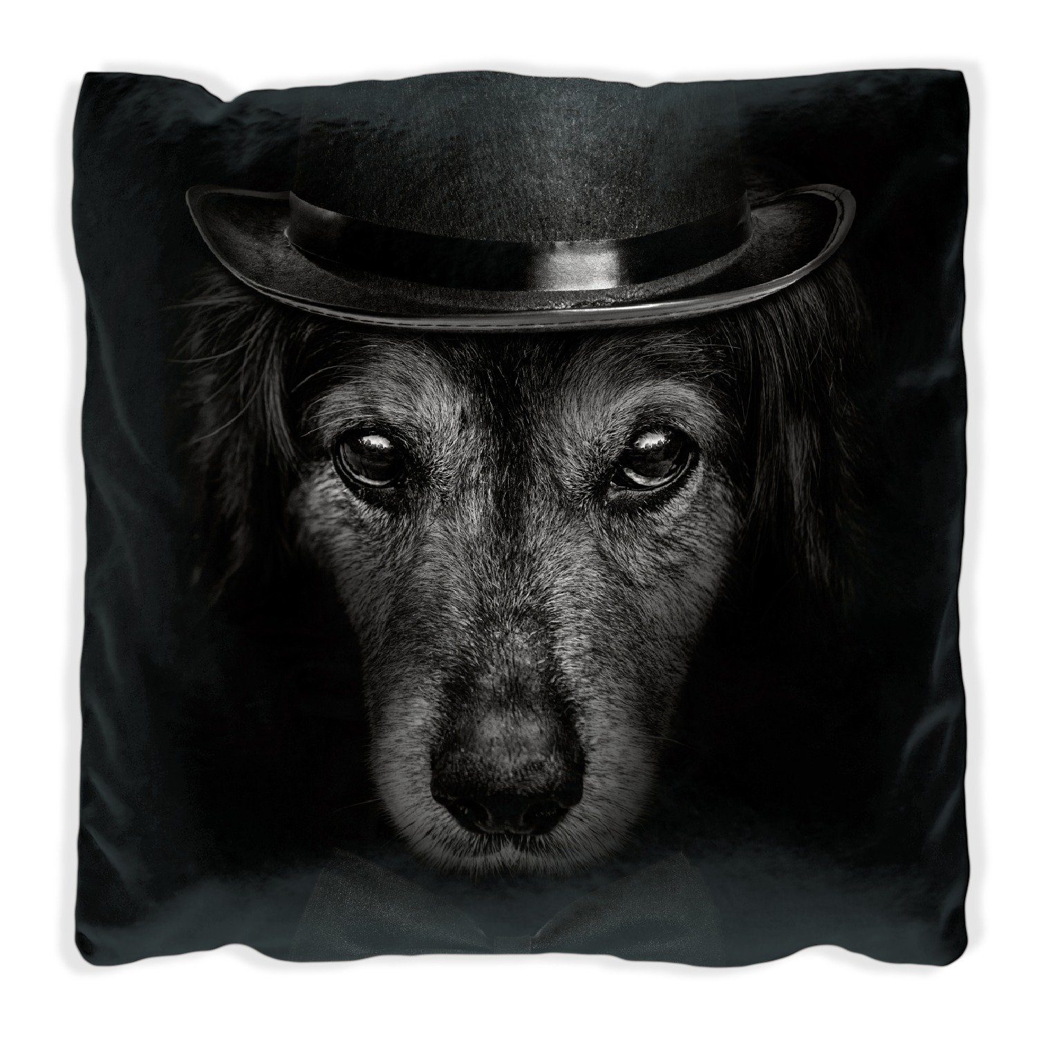 Wallario Dekokissen Eleganter Hund mit Zylinder in schwarz-weiß, handgenäht