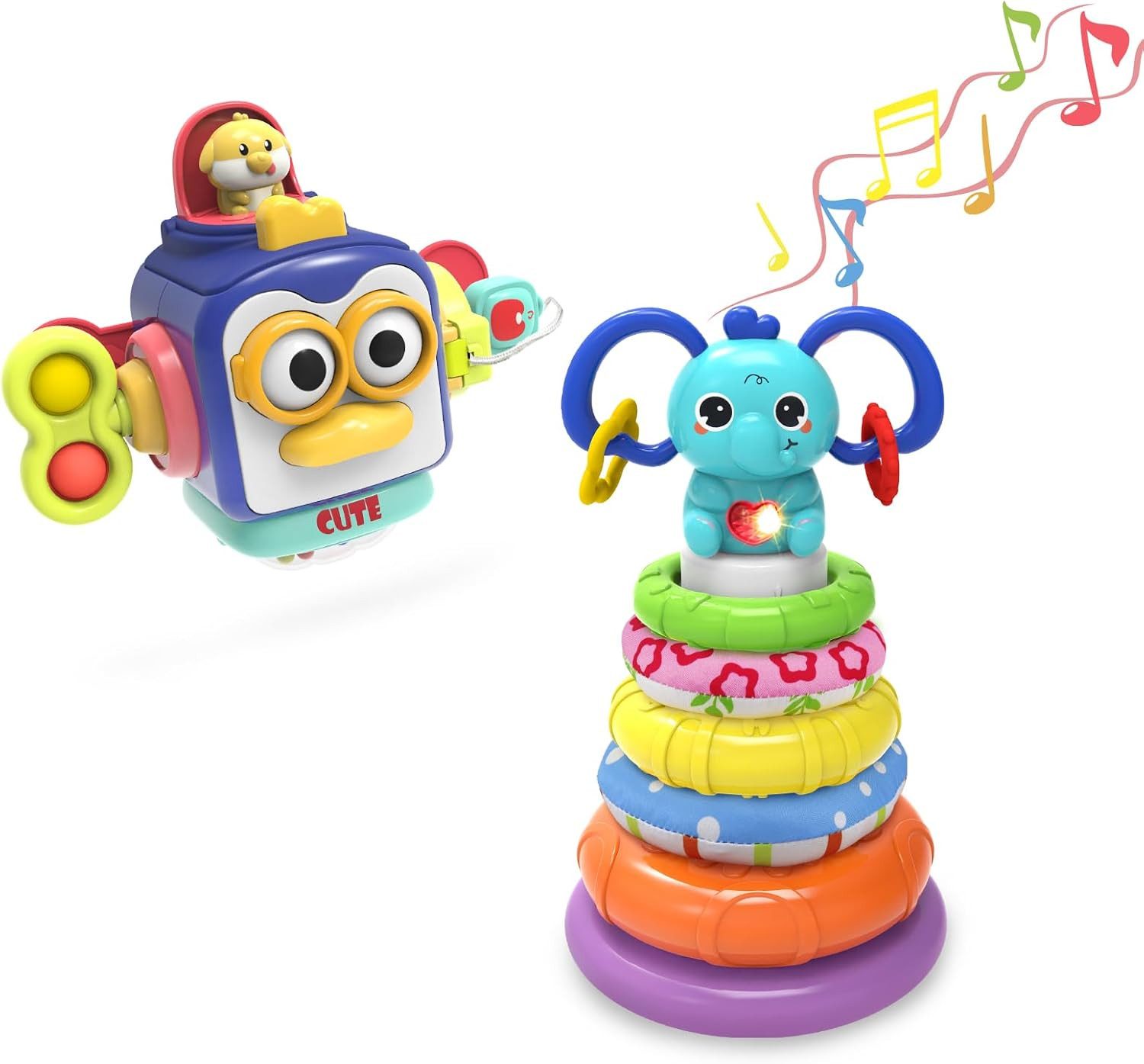 seveclotree Lernspielzeug seveclotree Baby Beiß-Spielzeug (2-in-1 Montessori Spiel- & Lernset für Kleinkinder, 2-St., Spielzeug-Set mit Elefant & Würfel für Kinder ab 12 Monaten), 2-in-1 Set: Stapelringe & sensorischer Würfel in einem Spielzeug