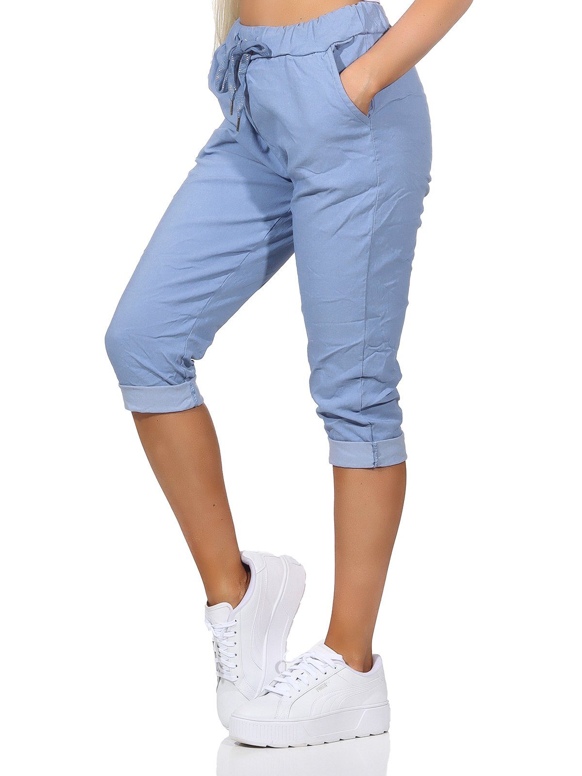 Taschen Hose Kordelzug, in Damenmode sommerlichen Bermuda Capri und Damen Farben, 7/8-Hose Sommerhose Aurela Kurze 36-44 Jeans